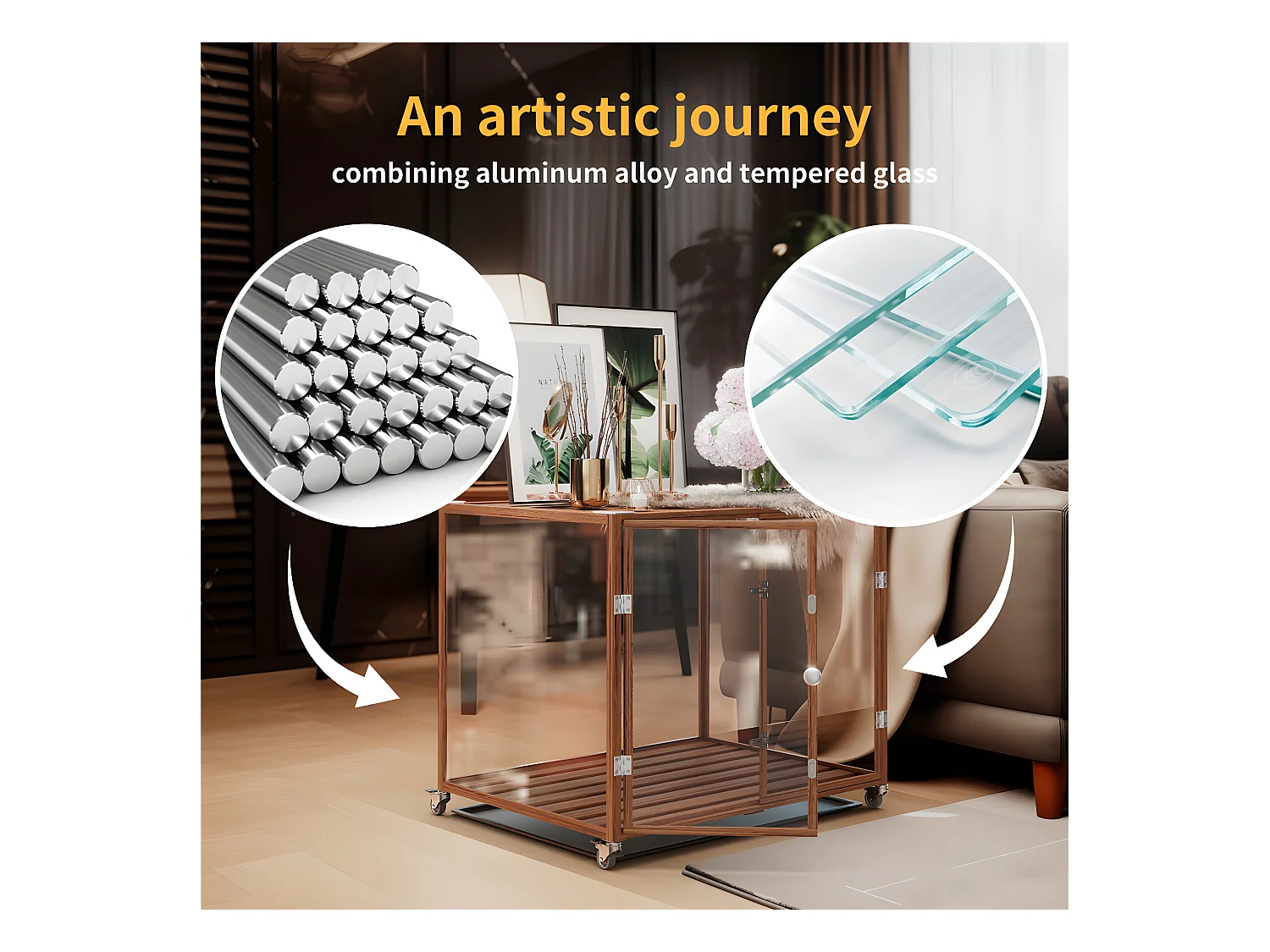 Cage pour chien intérieur avec roulette, 90x61x75.5cm caisse pour chiens grande taille, cadre en alliage d'aluminium 90x61x75.5cm