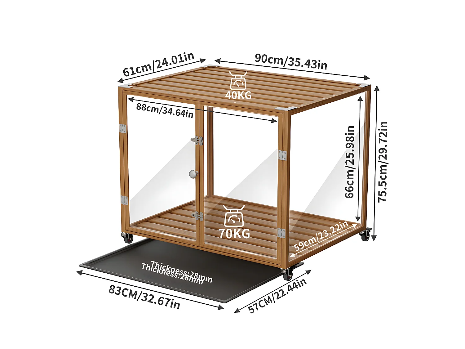 Cage pour chien intérieur avec roulette, 90x61x75.5cm caisse pour chiens grande taille, cadre en alliage d'aluminium 90x61x75.5cm