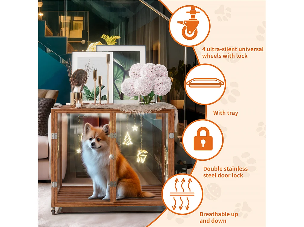 Cage pour chien intérieur avec roulette, 90x61x75.5cm caisse pour chiens grande taille, cadre en alliage d'aluminium 90x61x75.5cm