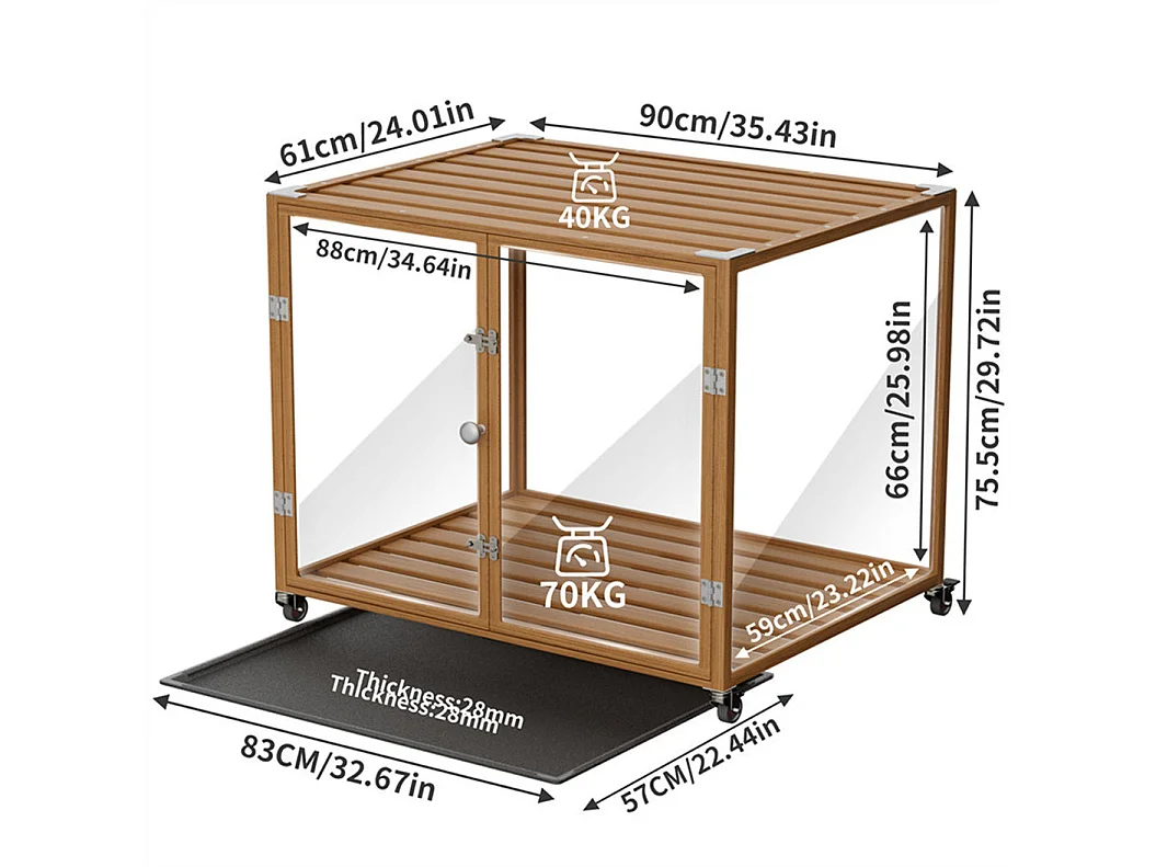 Cage pour chien intérieur avec roulette, 90x61x75.5cm caisse pour chiens grande taille, cadre en alliage d'aluminium 90x61x75.5cm