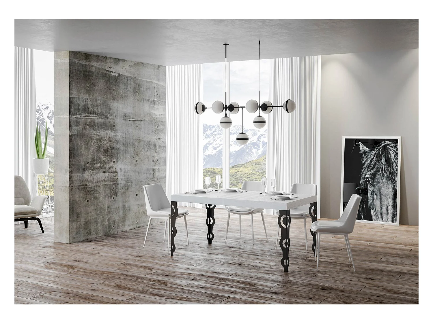 Table extensible 90x160/264 cm Karamay Premium Frêne Blanc cadre Anthracite