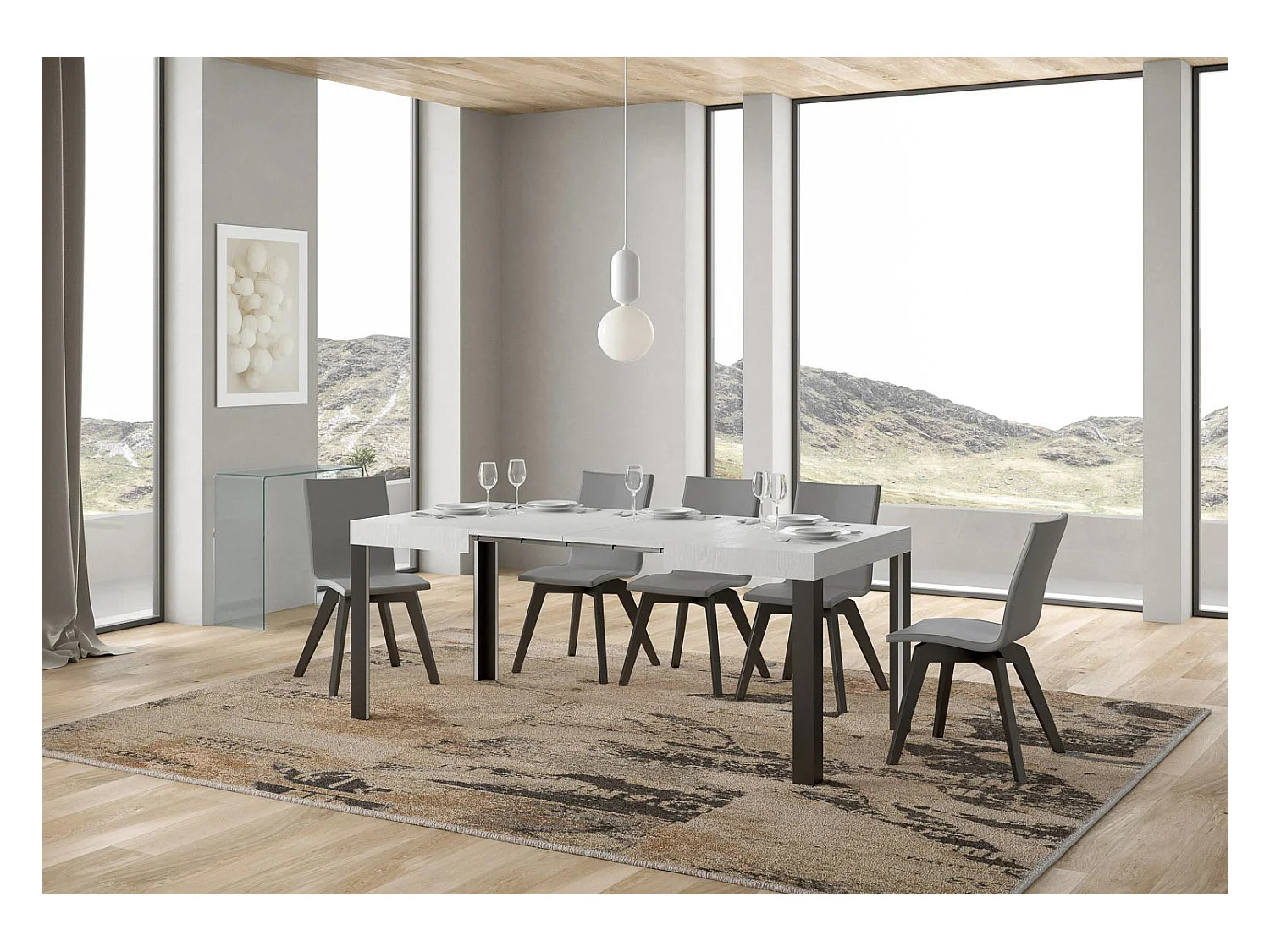 Table extensible 80x120/204 cm Linea Frêne Blanc cadre Anthracite