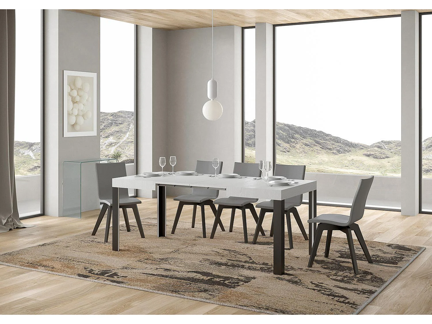Uitschuifbare tafel 80x120/204 cm Linea eiken wit frame antraciet