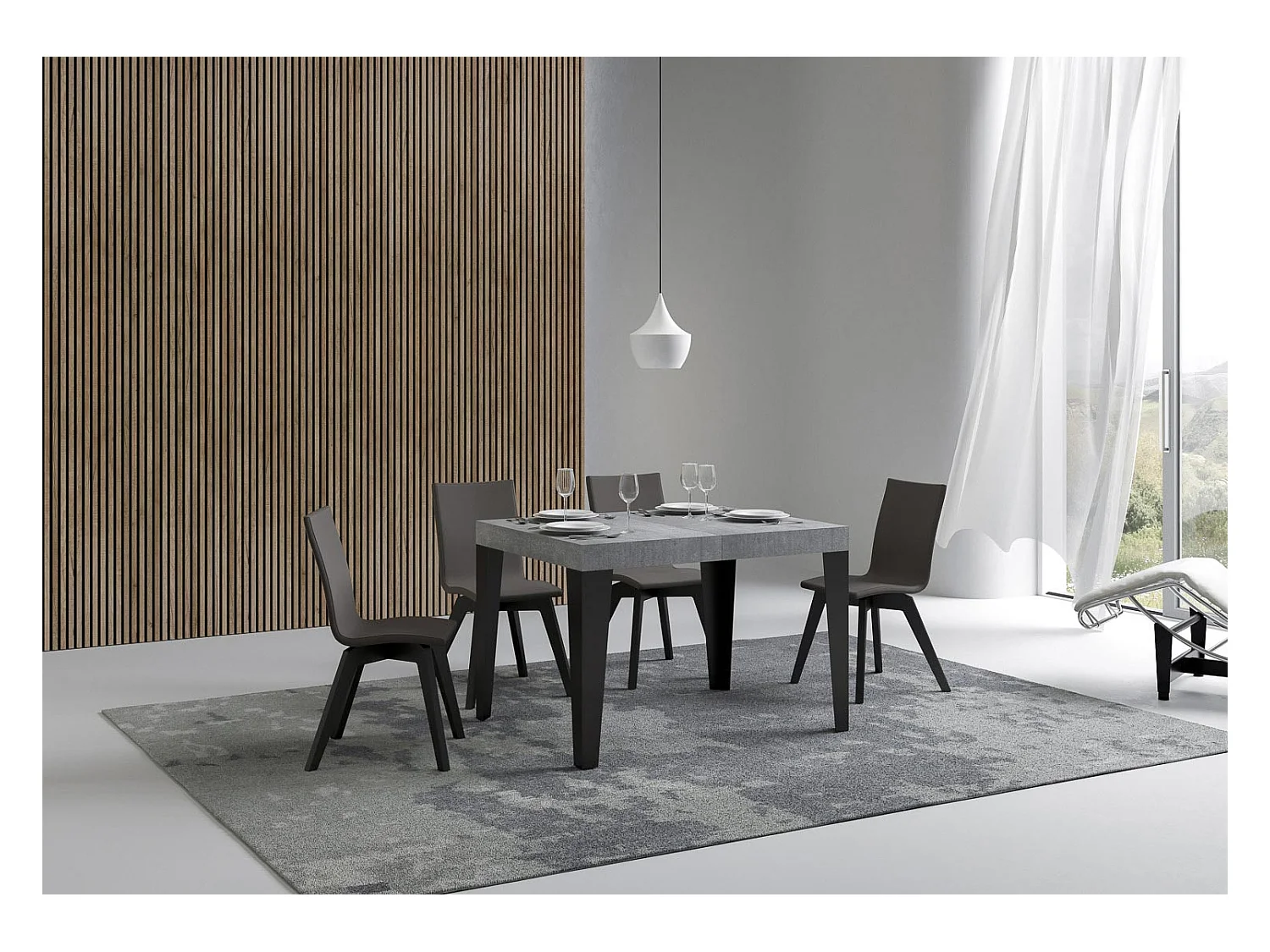 Flavio uitschuifbare eettafel-Kleur Cementgrijs-Steun 2 voet-Verlengsnoeren -Uitschuifbare breedte