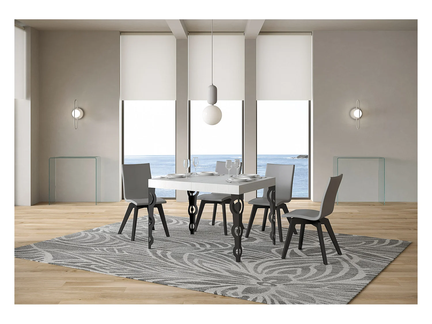 Table extensible 70x110/194 cm Karamay Frêne Blanc cadre Anthracite