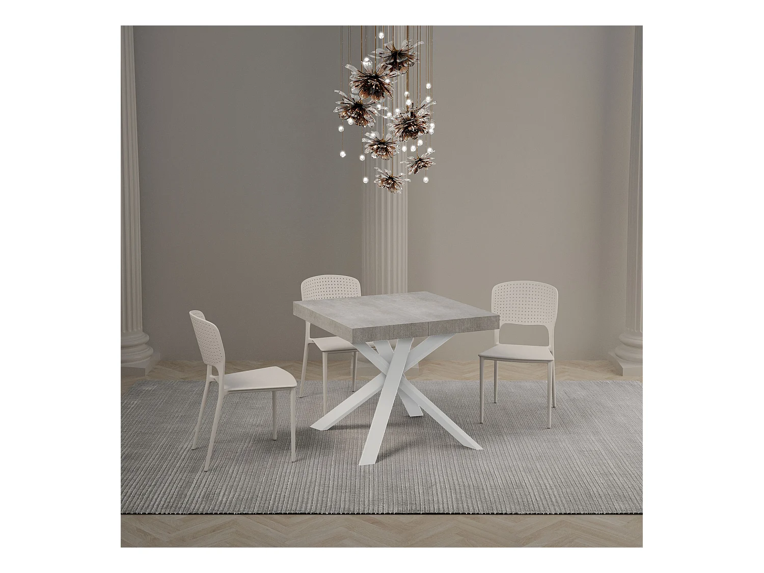 Table extensible 90x90/194 cm Clerk Premium dessus Gris Béton pieds Blancs
