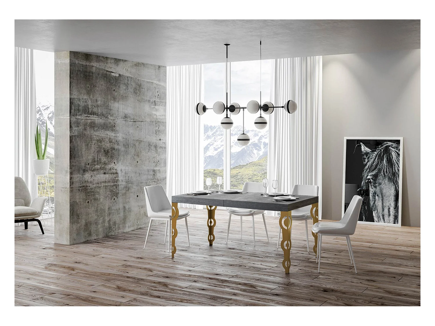 Stół rozkładany 90x130/390 cm Szary Karamay Betonowa złota rama