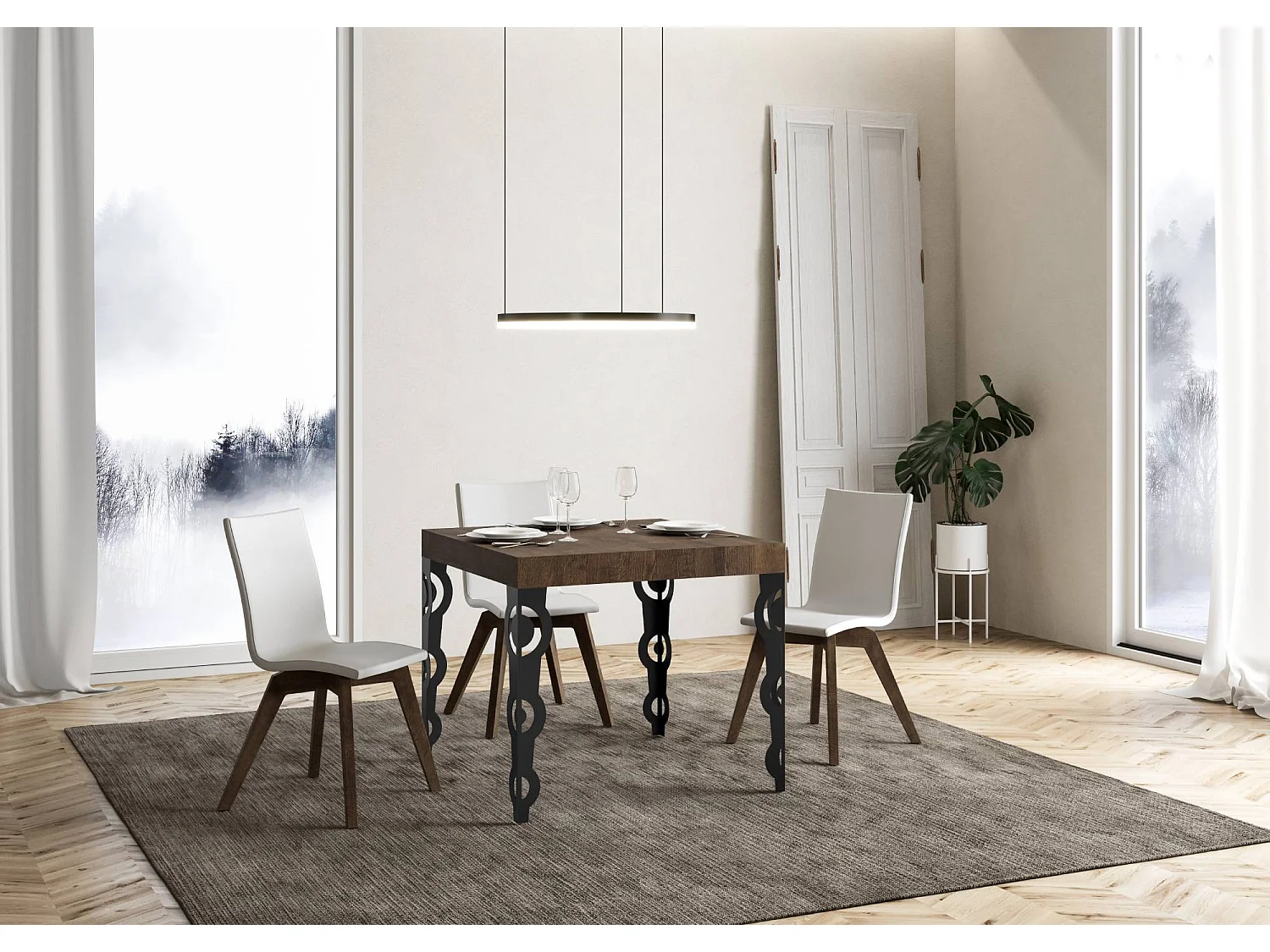 Table extensible 90x90/246 cm Karamay Premium Noyer cadre Anthracite