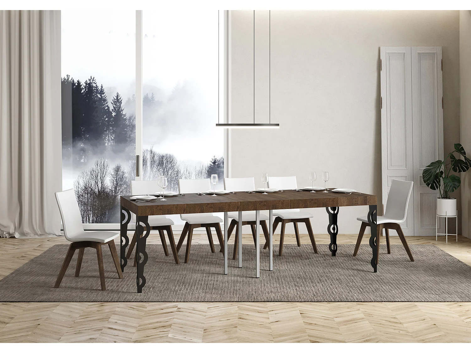 Table extensible 90x90/246 cm Karamay Premium Noyer cadre Anthracite