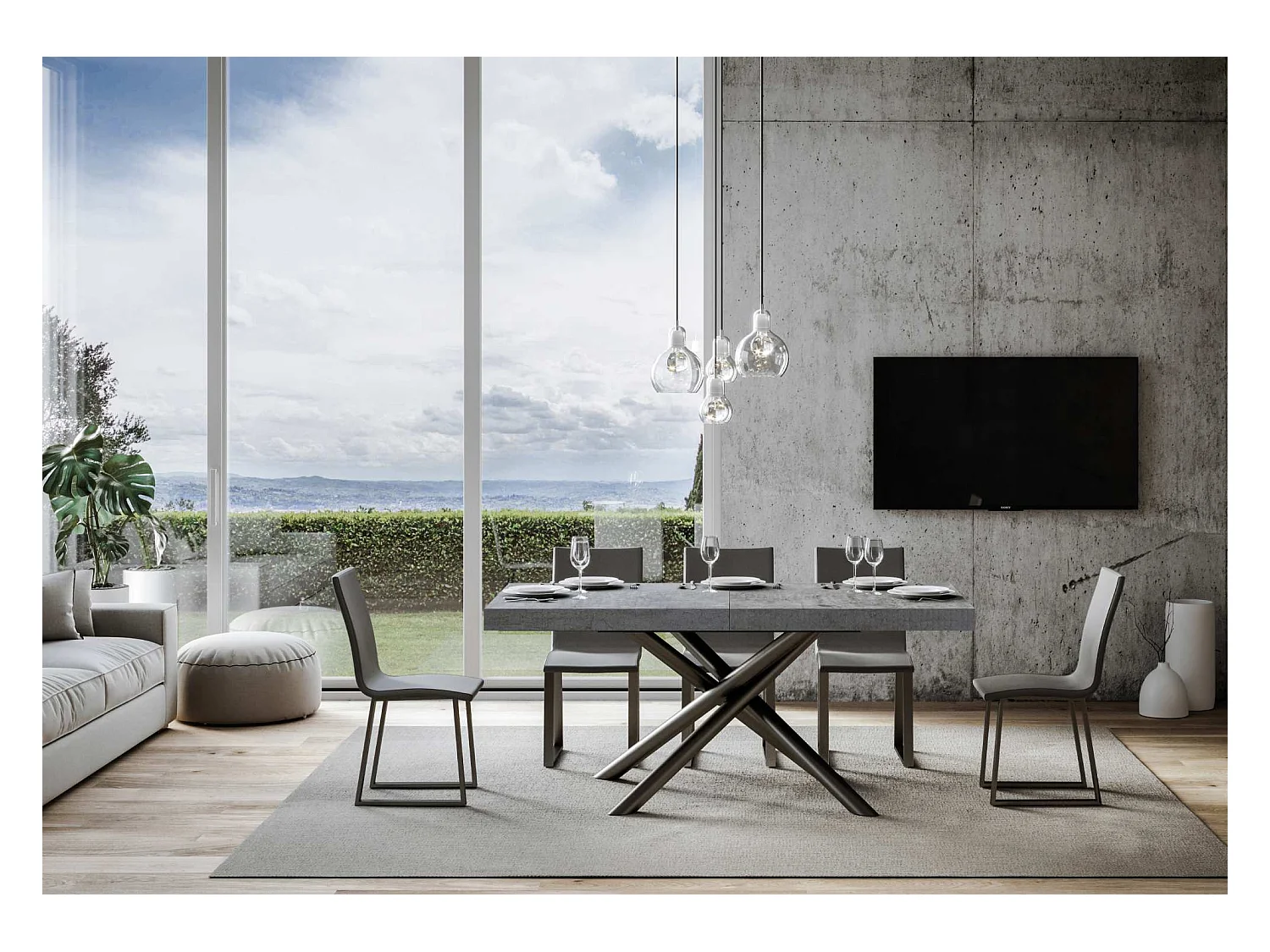 Table extensible 90x160/264 cm Famas Premium Gris Béton cadre Anthracite