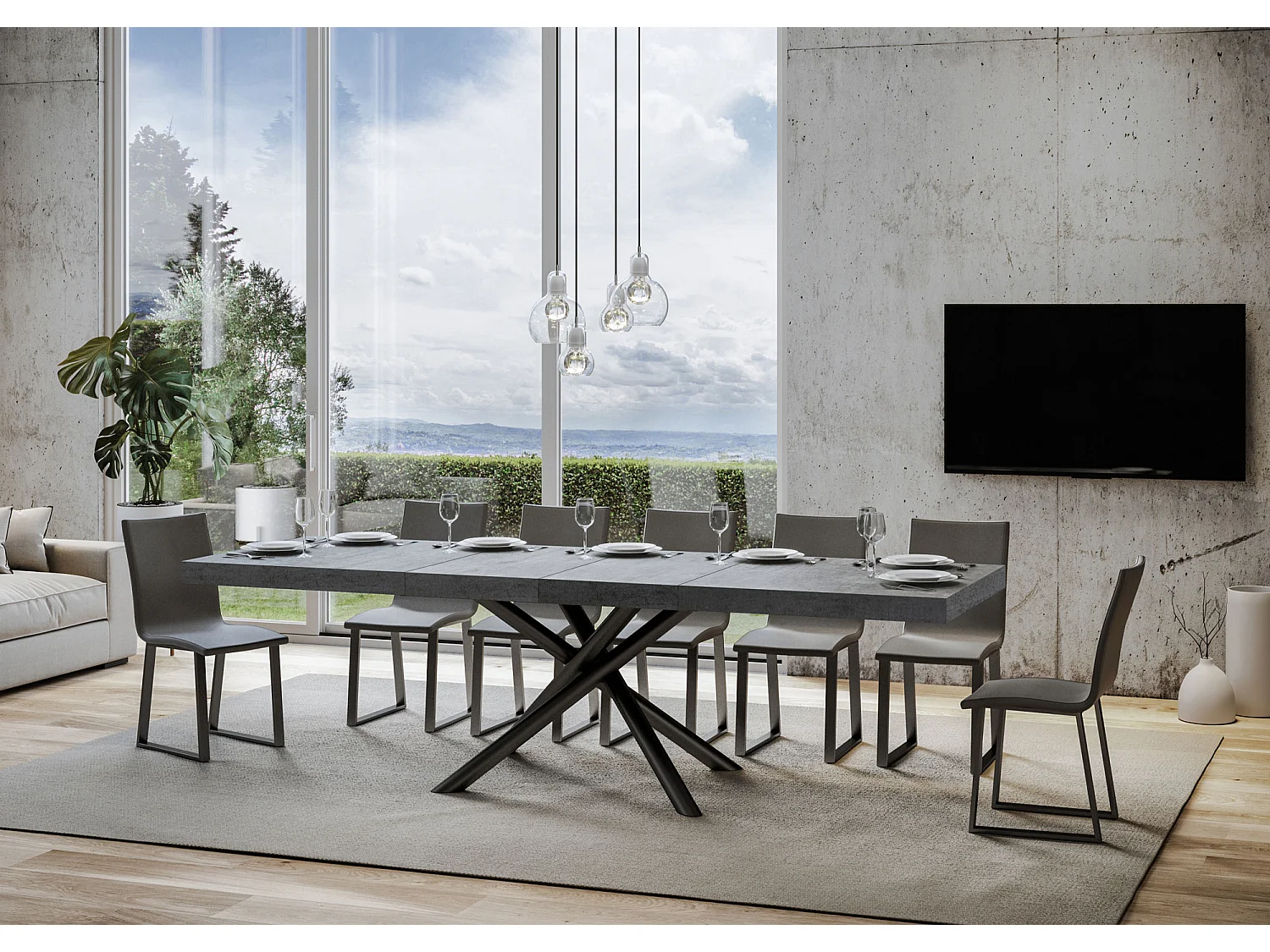 Design uitschuifbare tafel met afgeronde ineengestrengelde poten antraciet Zeus-Kleur Cementgrijs-Verlengsnoeren -Uitschuifbare breedte