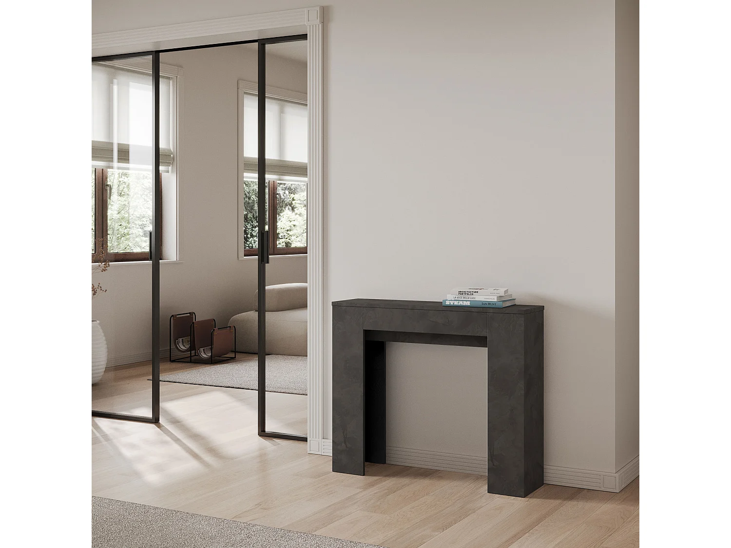 Kleine Kilaz uitschuifbare houten console 90x25/181 cm-Kleur Houtskool grijs