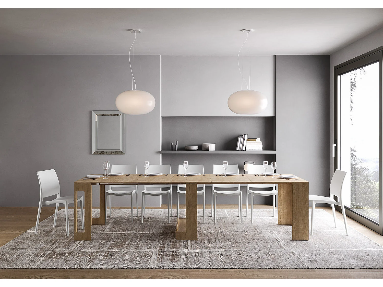 Uitschuifbare sidetable 90x42/302 cm Evolve natuur eiken interne verlengstukken