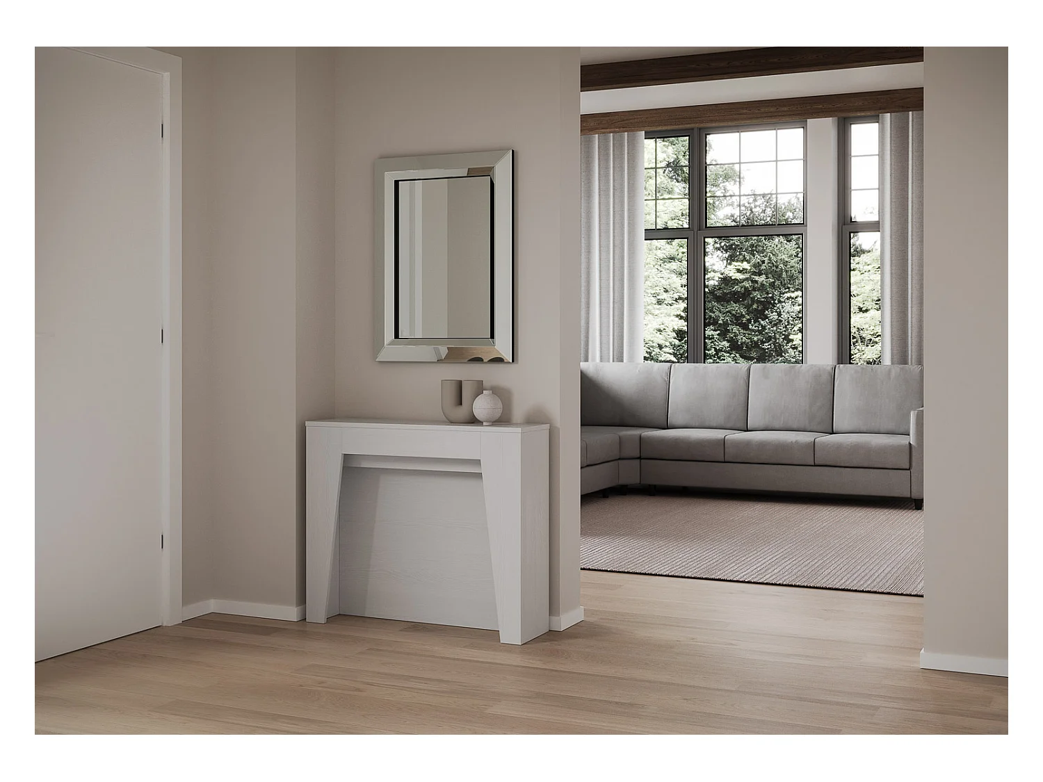 Console Extensible 90x25/211 cm Anea Frêne Blanc rallonges internes