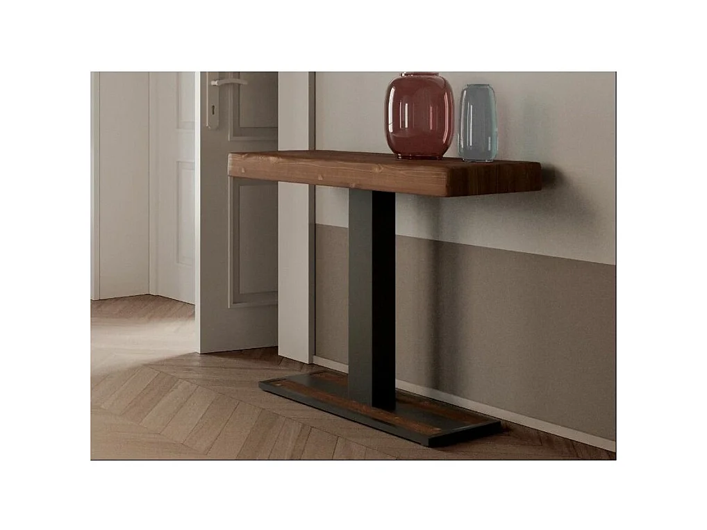 Console extensible pin massif teinté foncé et pieds métal anthracite 14 personnes 40 à 300cm Cali