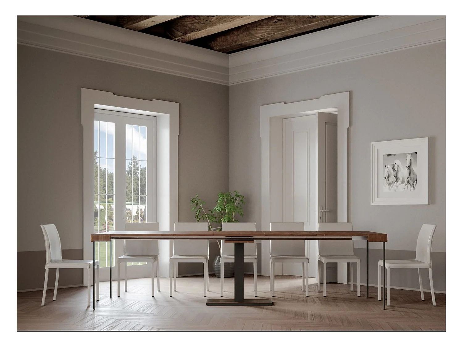 Console extensible pin massif teinté foncé et pieds métal anthracite 14 personnes 40 à 300cm Cali