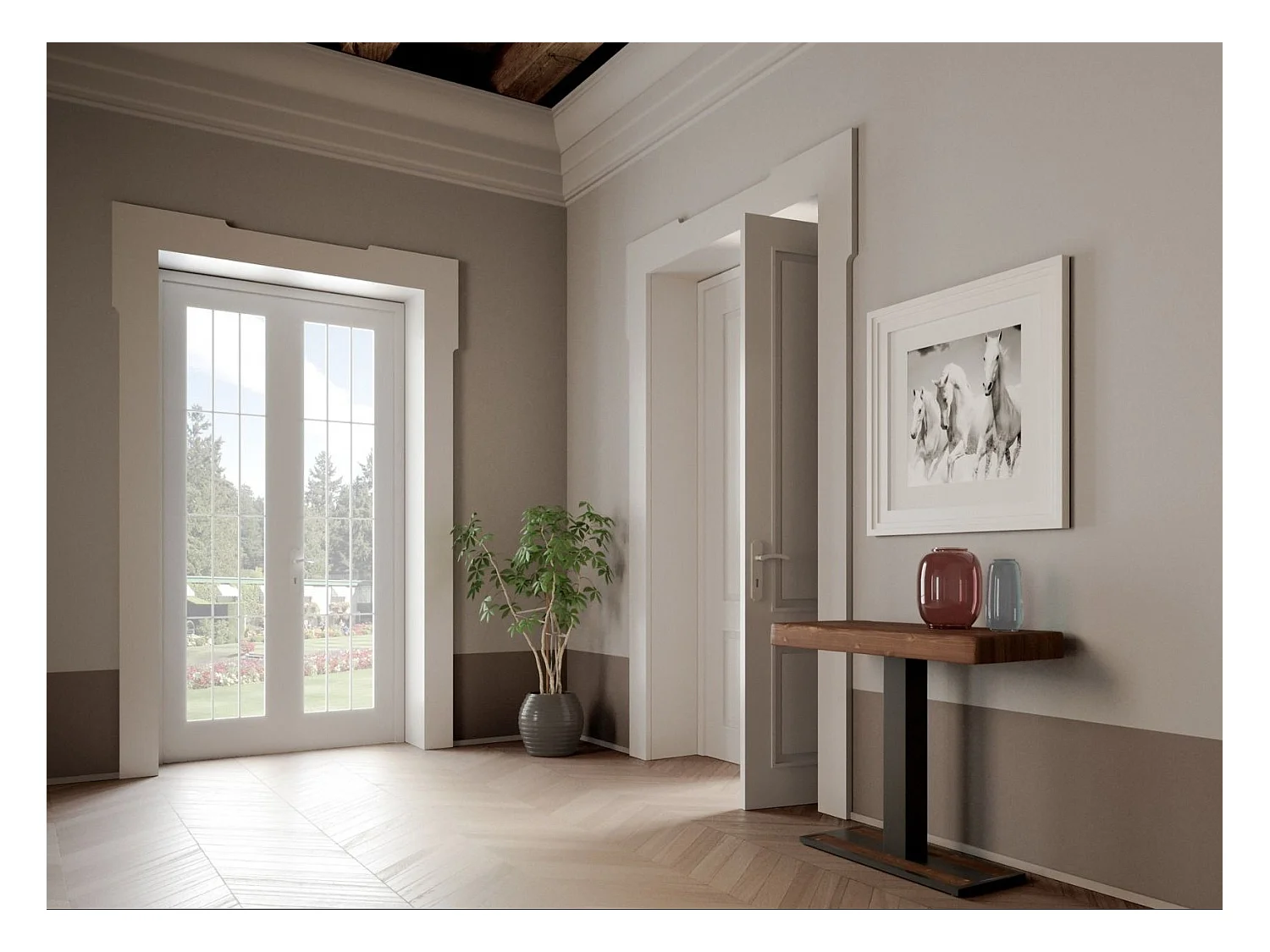 Console extensible pin massif teinté foncé et pieds métal anthracite 14 personnes 40 à 300cm Cali