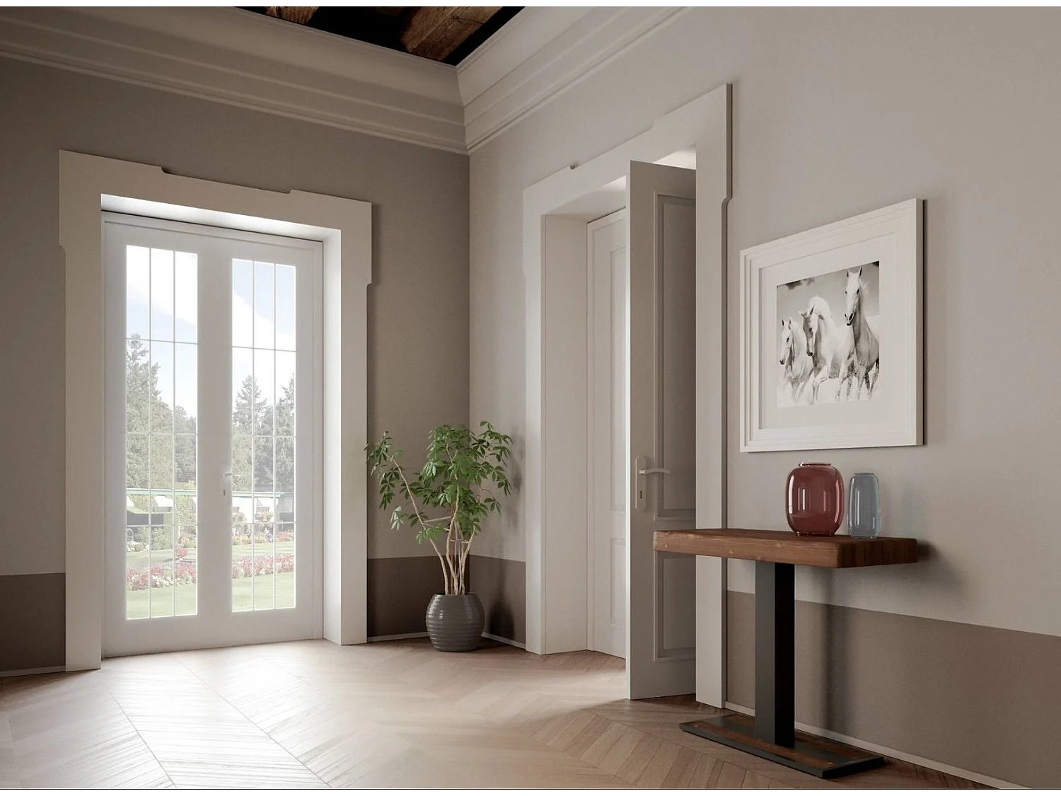 Console extensible pin massif teinté foncé et pieds métal anthracite 14 personnes 40 à 300cm Cali