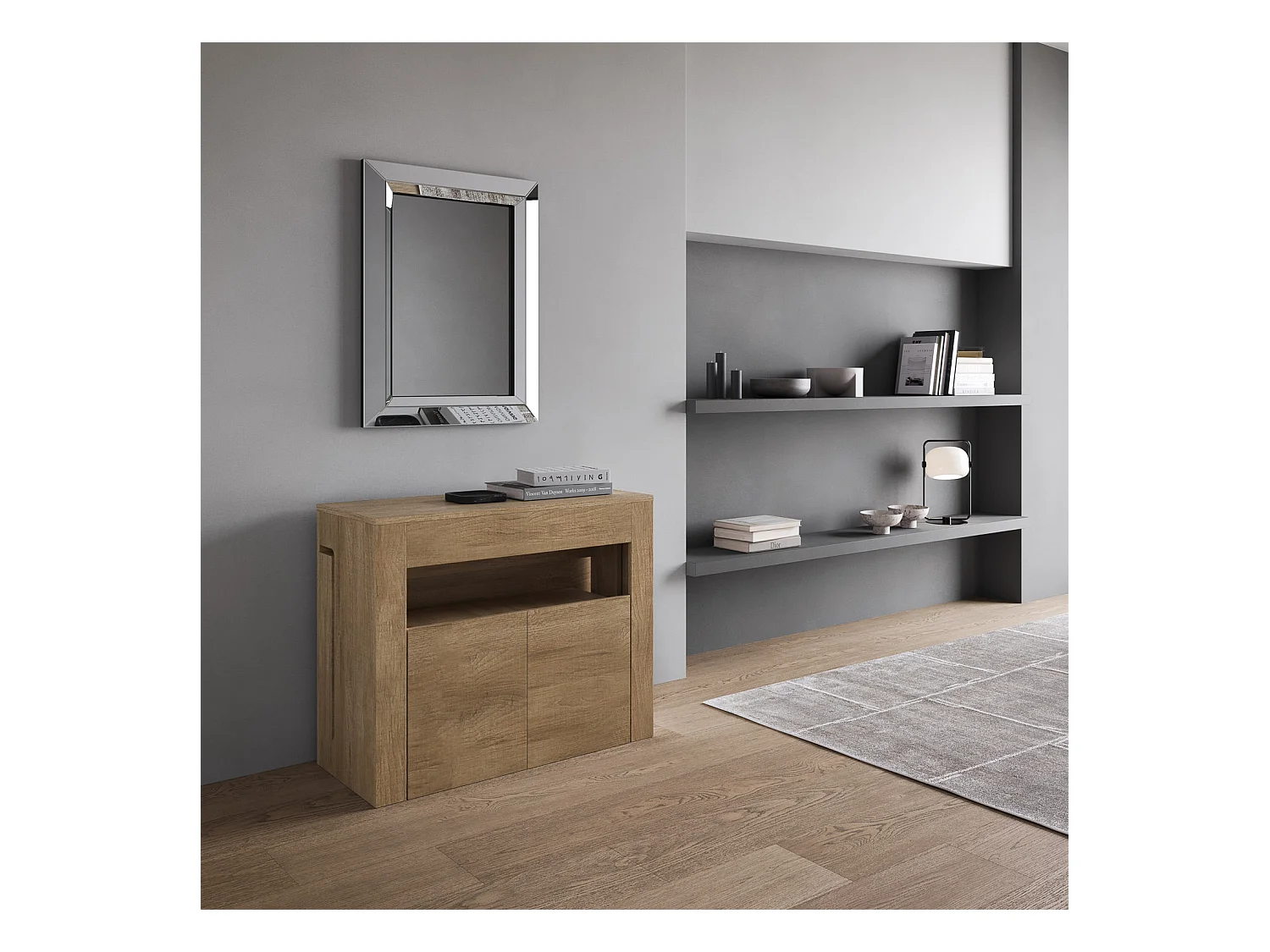 Console extensible 90x42/302 cm Evolve Chêne Nature rallonges internes avec banc inférieur