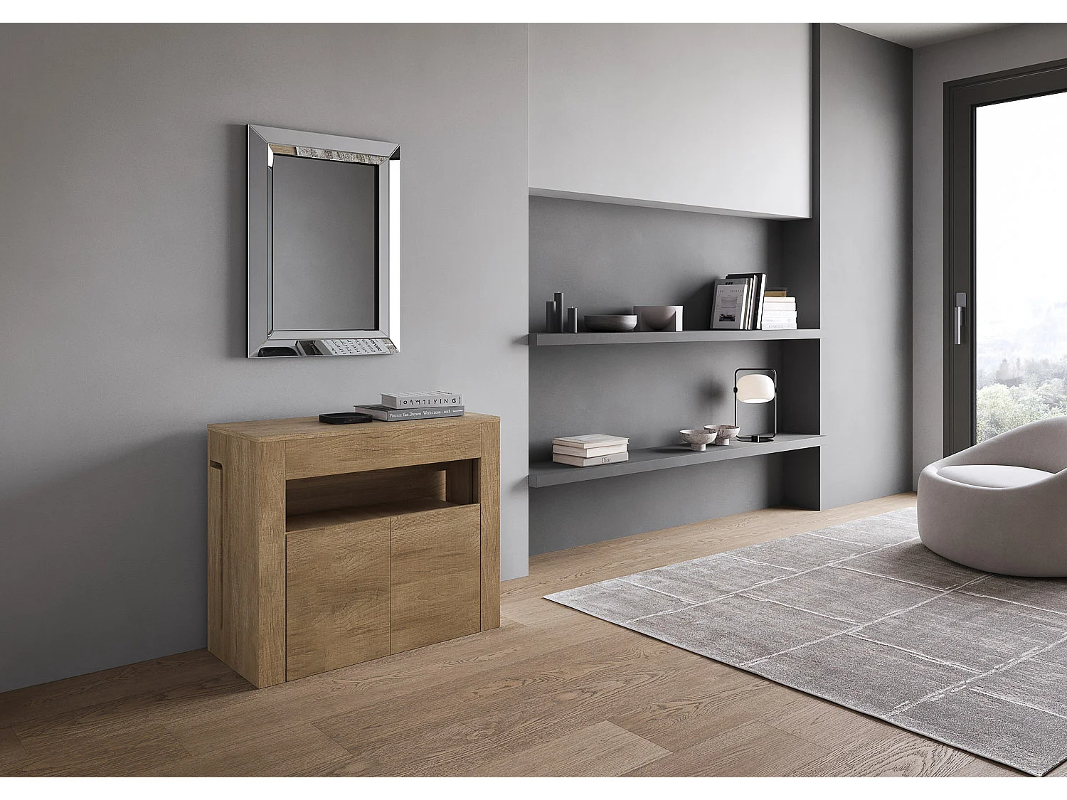 Console extensible 90x42/302 cm Evolve chêne nature rallonges internes avec banc inférieur