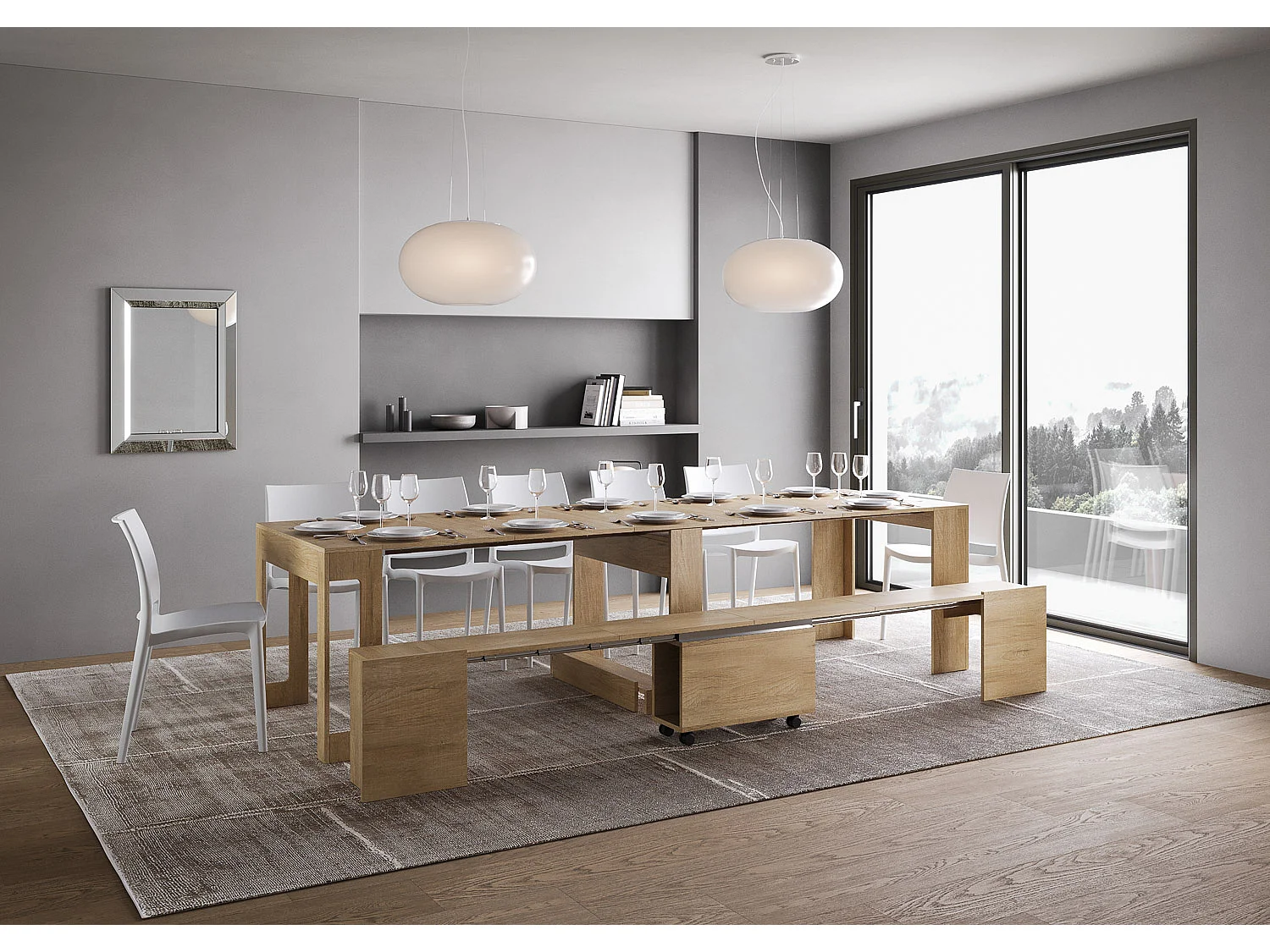 Console extensible 90x42/302 cm Evolve chêne nature rallonges internes avec banc inférieur