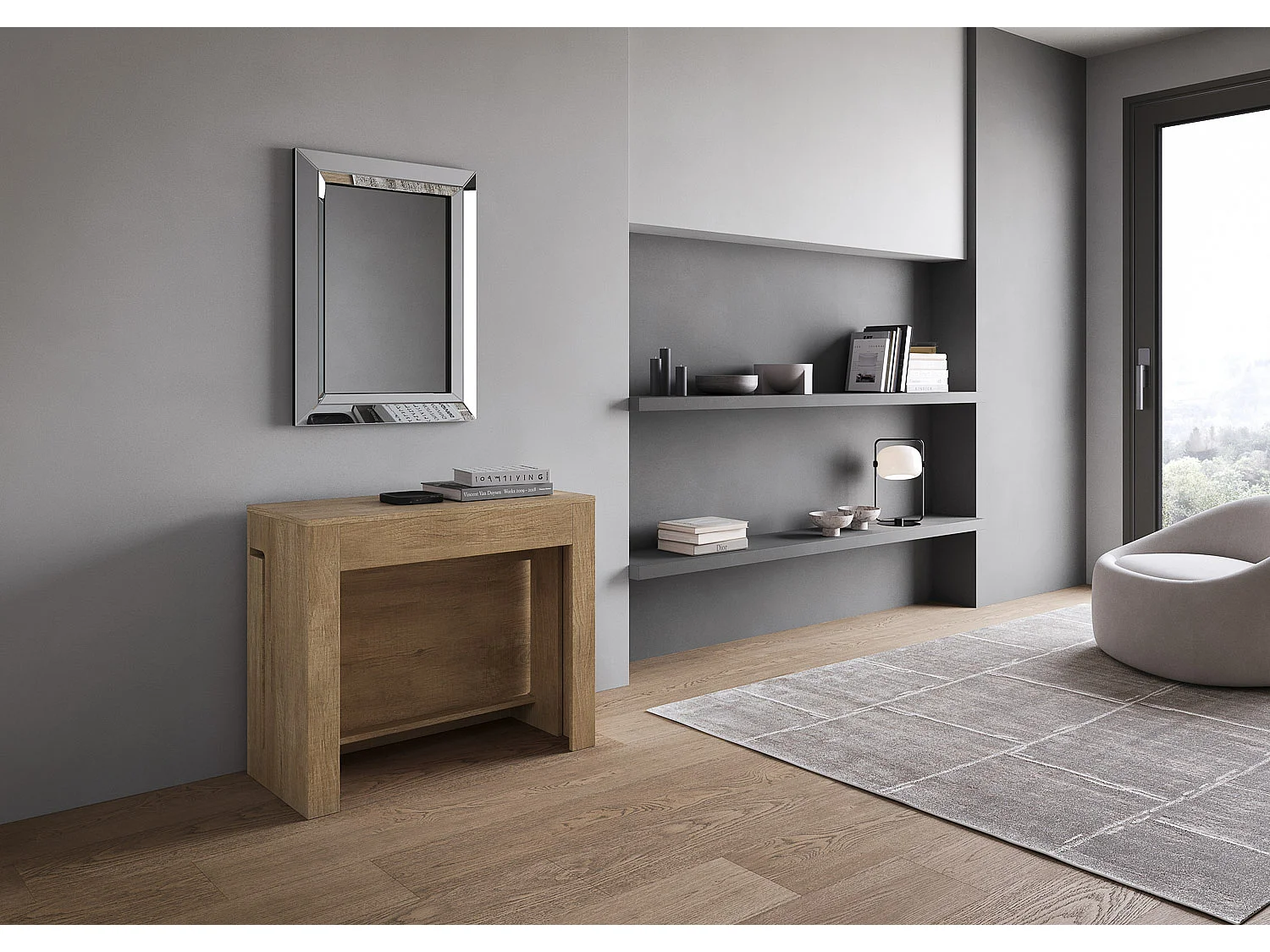 Console extensible 90x42/302 cm Evolve chêne nature rallonges internes avec banc inférieur
