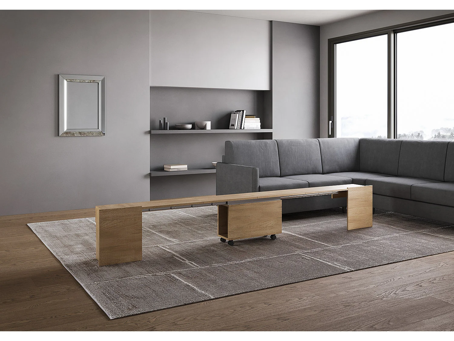 Console extensible 90x42/302 cm Evolve chêne nature rallonges internes avec banc inférieur