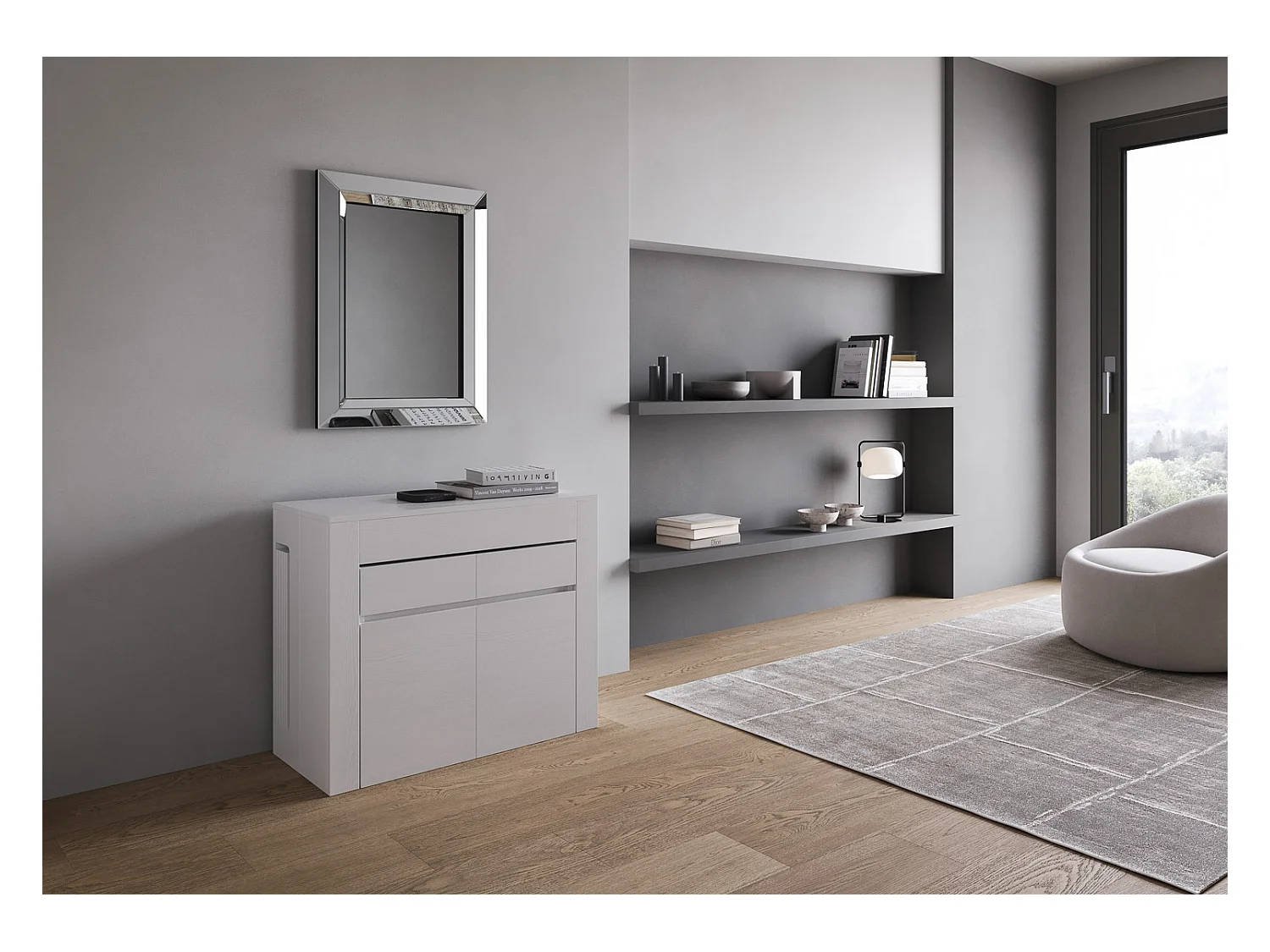 Mesa consola extensível 90x42/302 cm Evolve Cinza Branca com banco inferior e superior