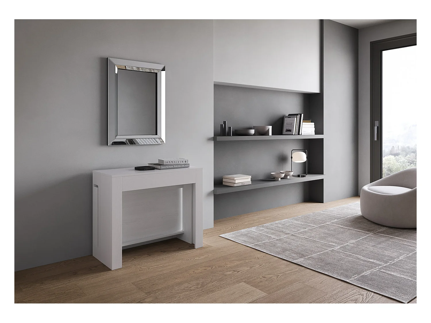 Mesa consola extensível 90x42/302 cm Evolve Cinza Branca com banco inferior e superior