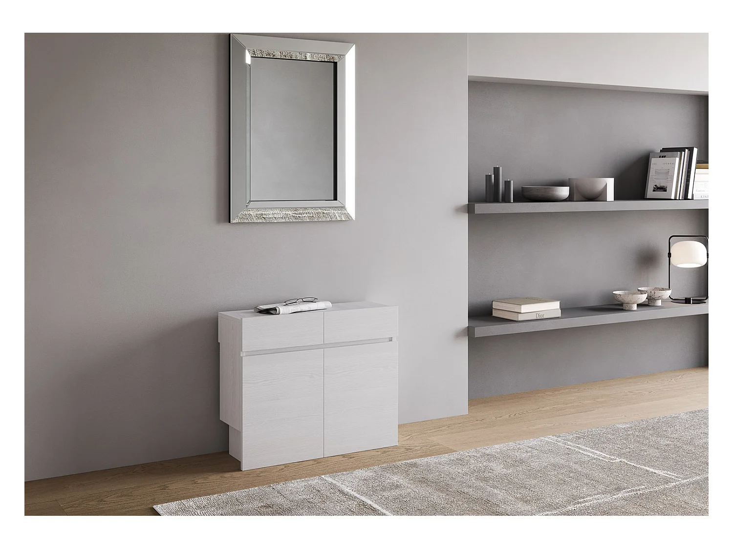 Mesa consola extensível 90x42/302 cm Evolve Cinza Branca com banco inferior e superior