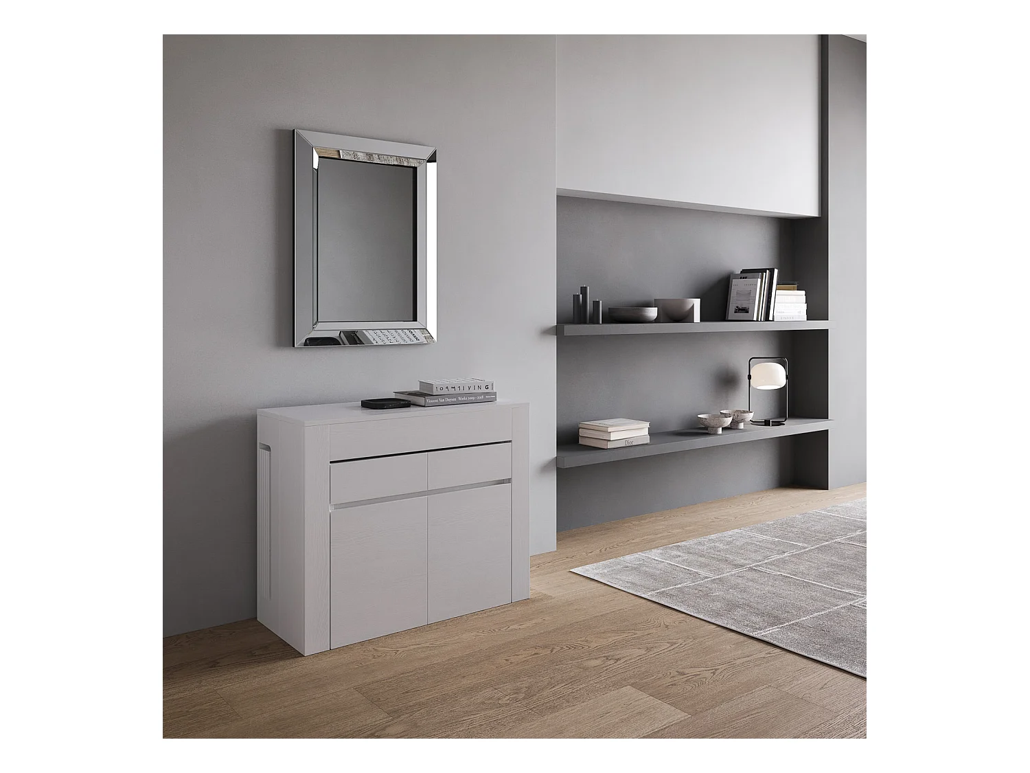 Console extensible 90x42/302 cm Evolve Frêne Blanc rallonges internes avec bancs inférieur et supérieur