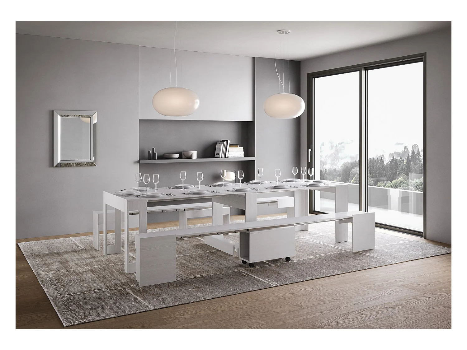 Pack uitschuifbare console en 2 uitschuifbare banken tot 300 cm Kalius-Kleur Wit