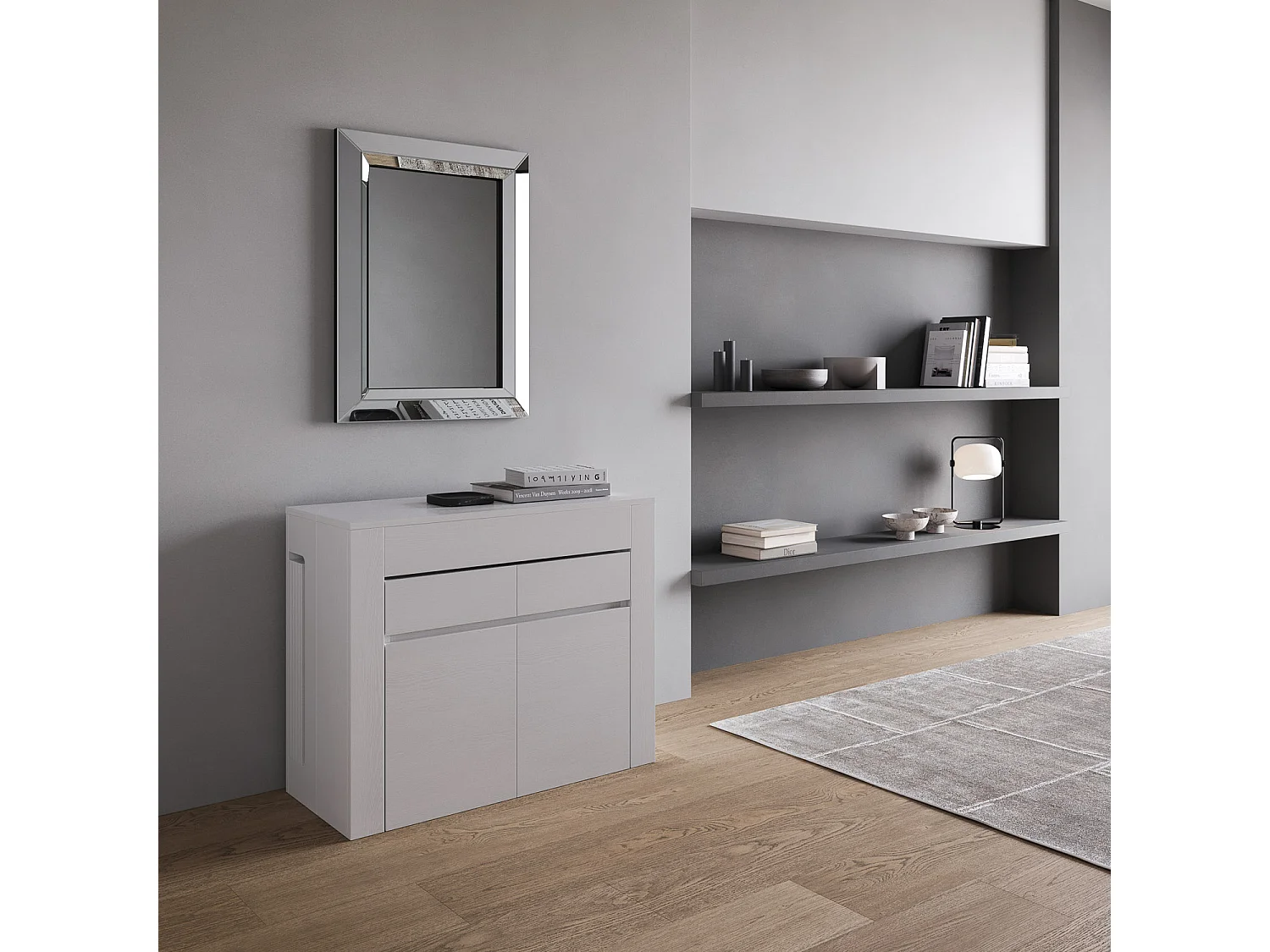 Console extensible 90x42/302 cm Evolve frêne blanc rallonges internes avec bancs inférieur et supérieur