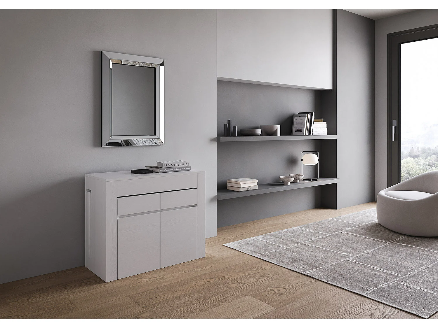 Console extensible 90x42/302 cm Evolve frêne blanc rallonges internes avec bancs inférieur et supérieur