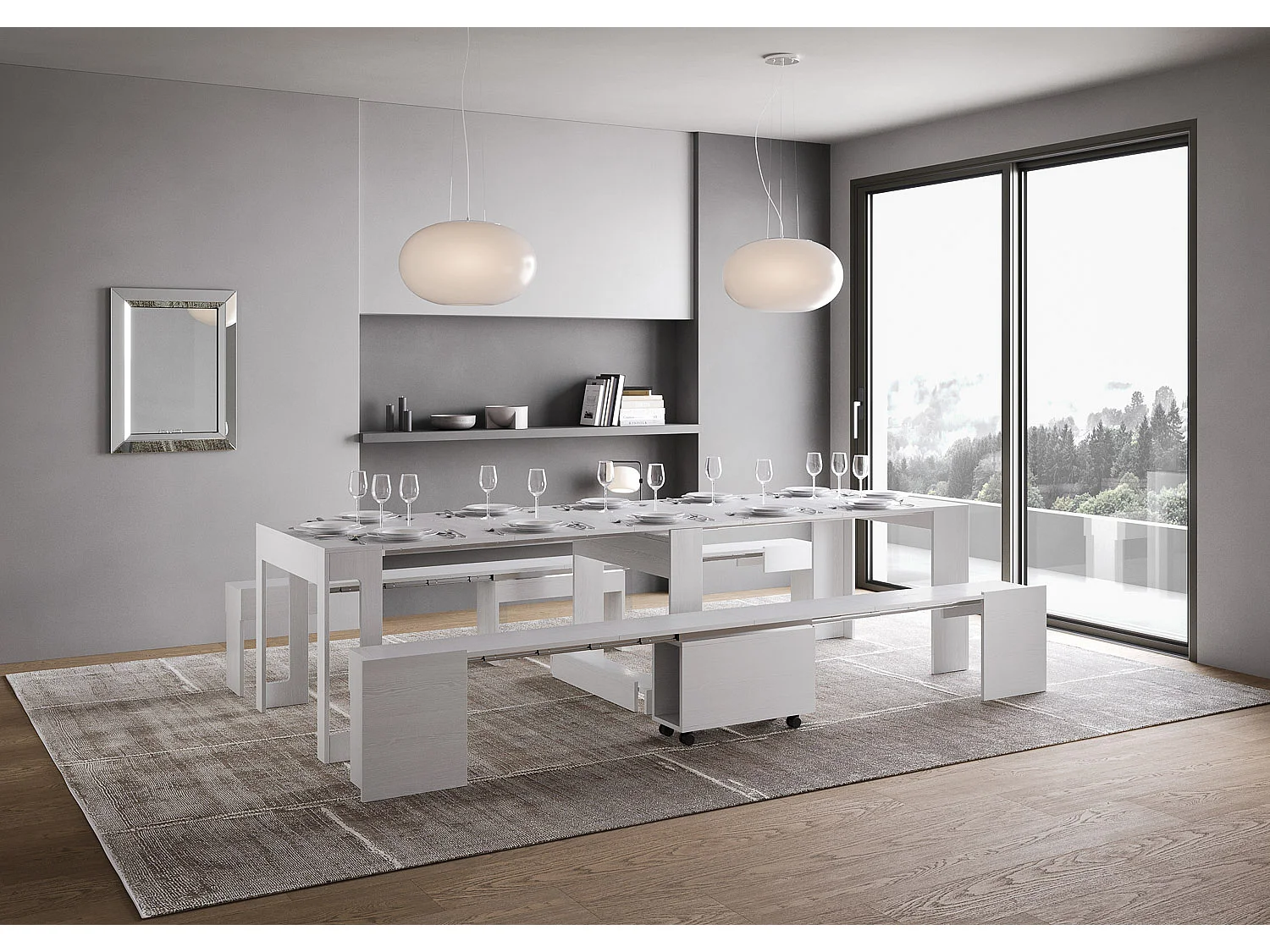 Console extensible 90x42/302 cm Evolve frêne blanc rallonges internes avec bancs inférieur et supérieur