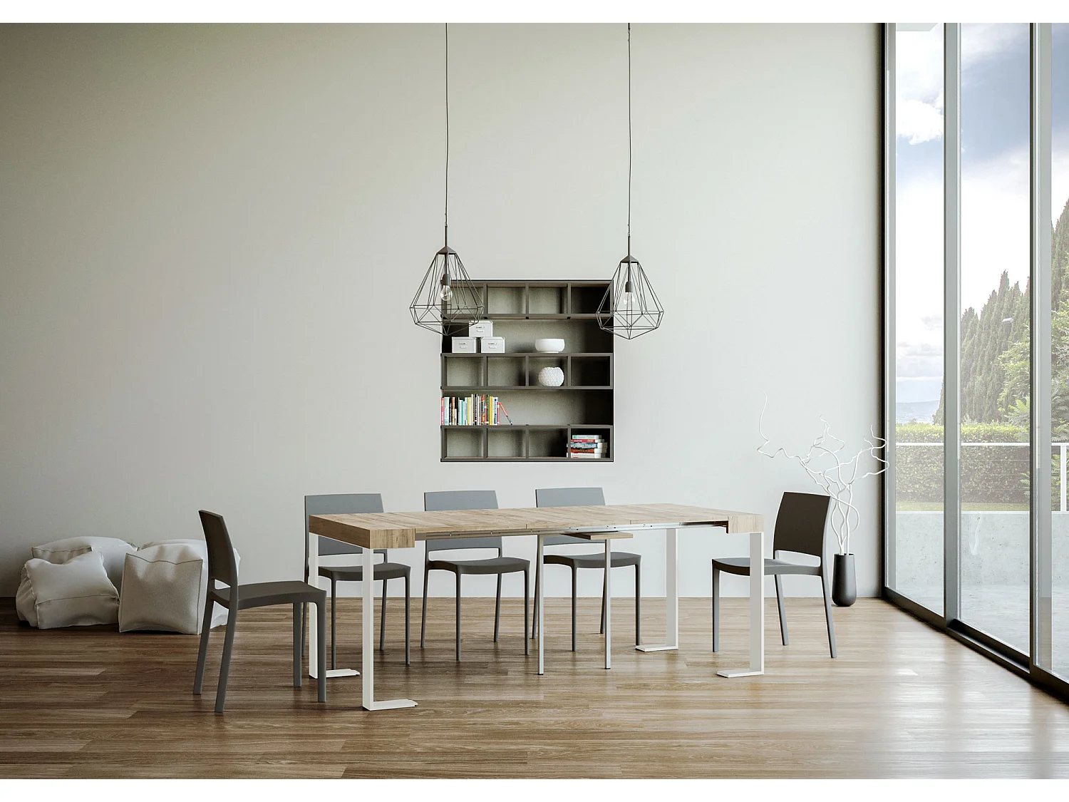 Console Extensible 90x40/300 cm Tecno chêne nature pieds blancs