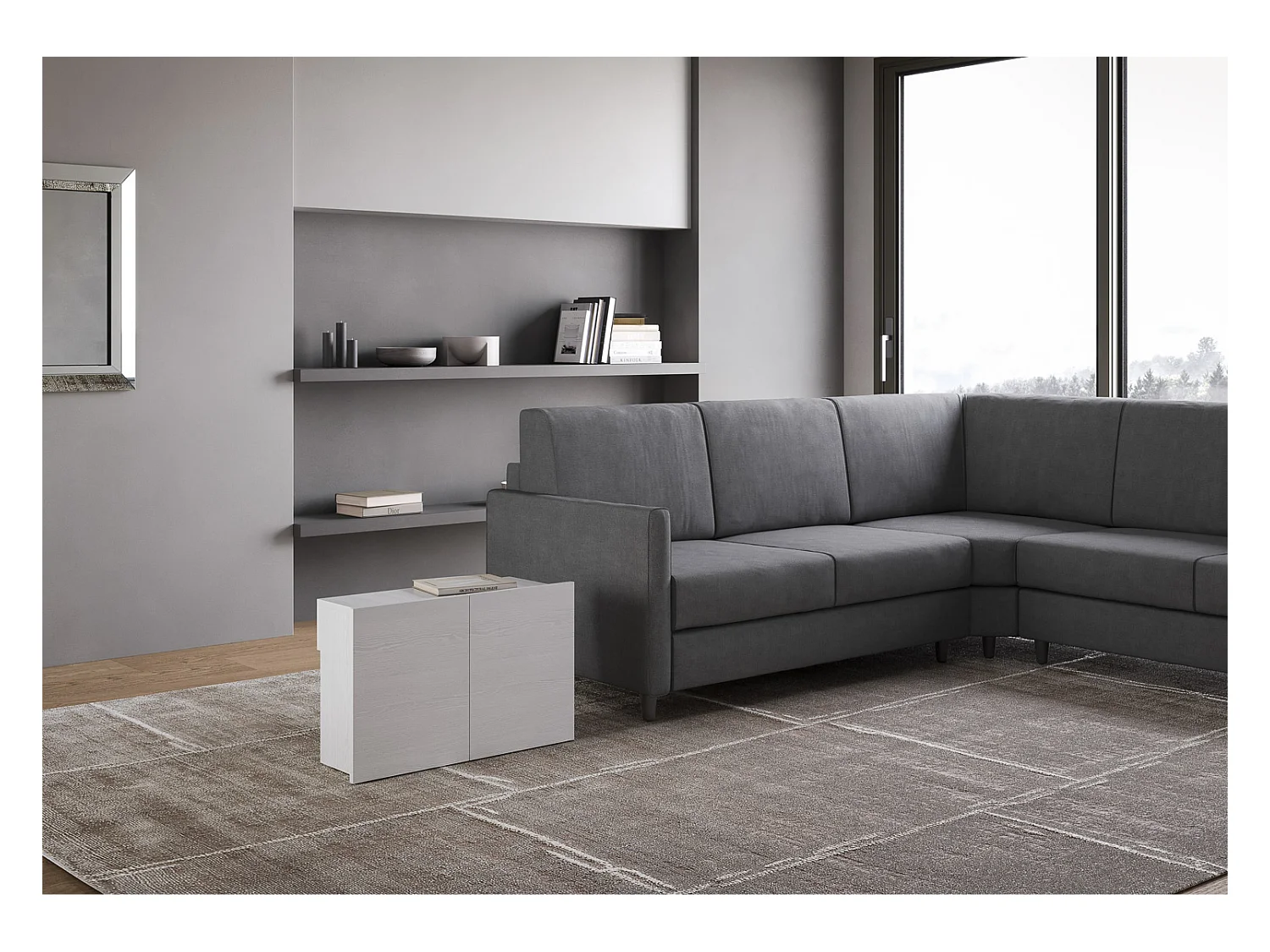 Banco de madera con ruedas extensible hasta 300 cm Kalius-Color Blanco