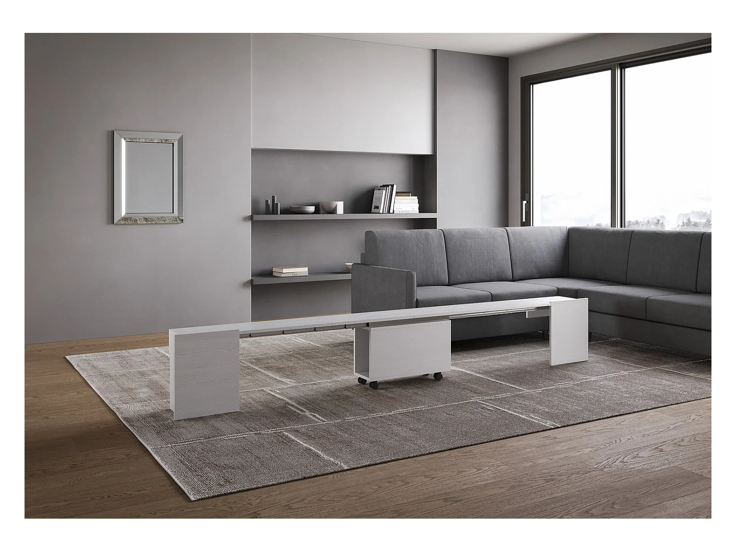 Banco de madera con ruedas extensible hasta 300 cm Kalius-Color Blanco