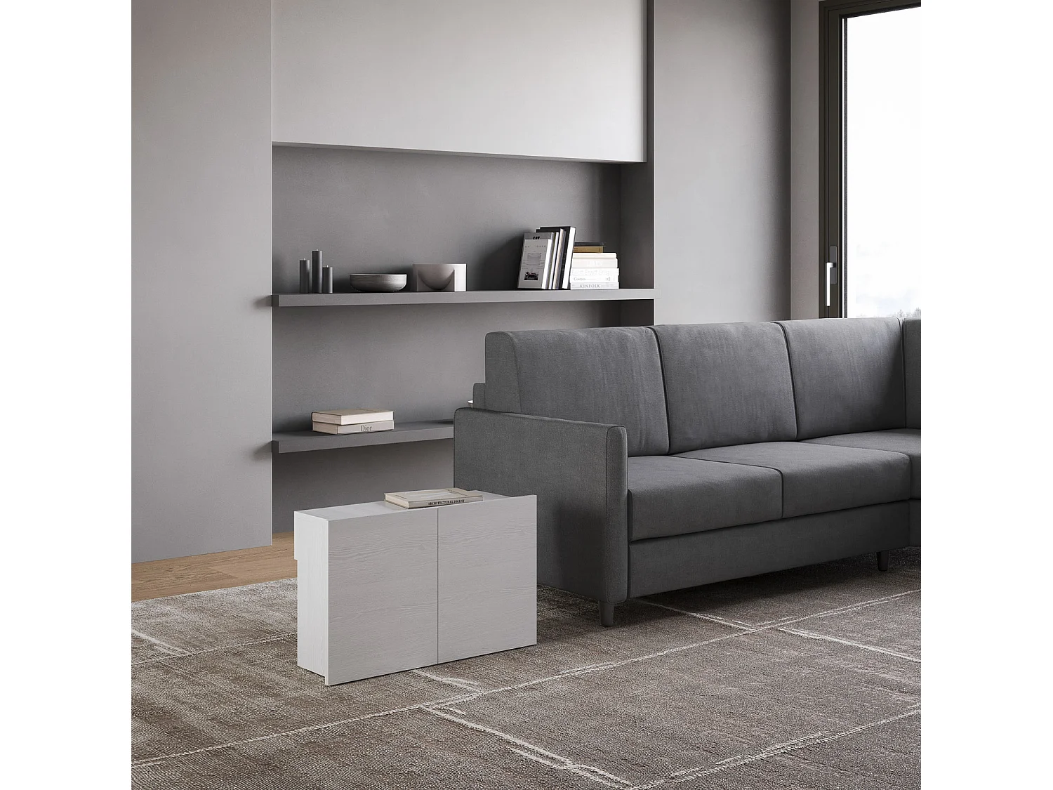 Uitschuifbare onderste zitbank 26x72/300 cm Evolve eiken wit interne verlengstukken