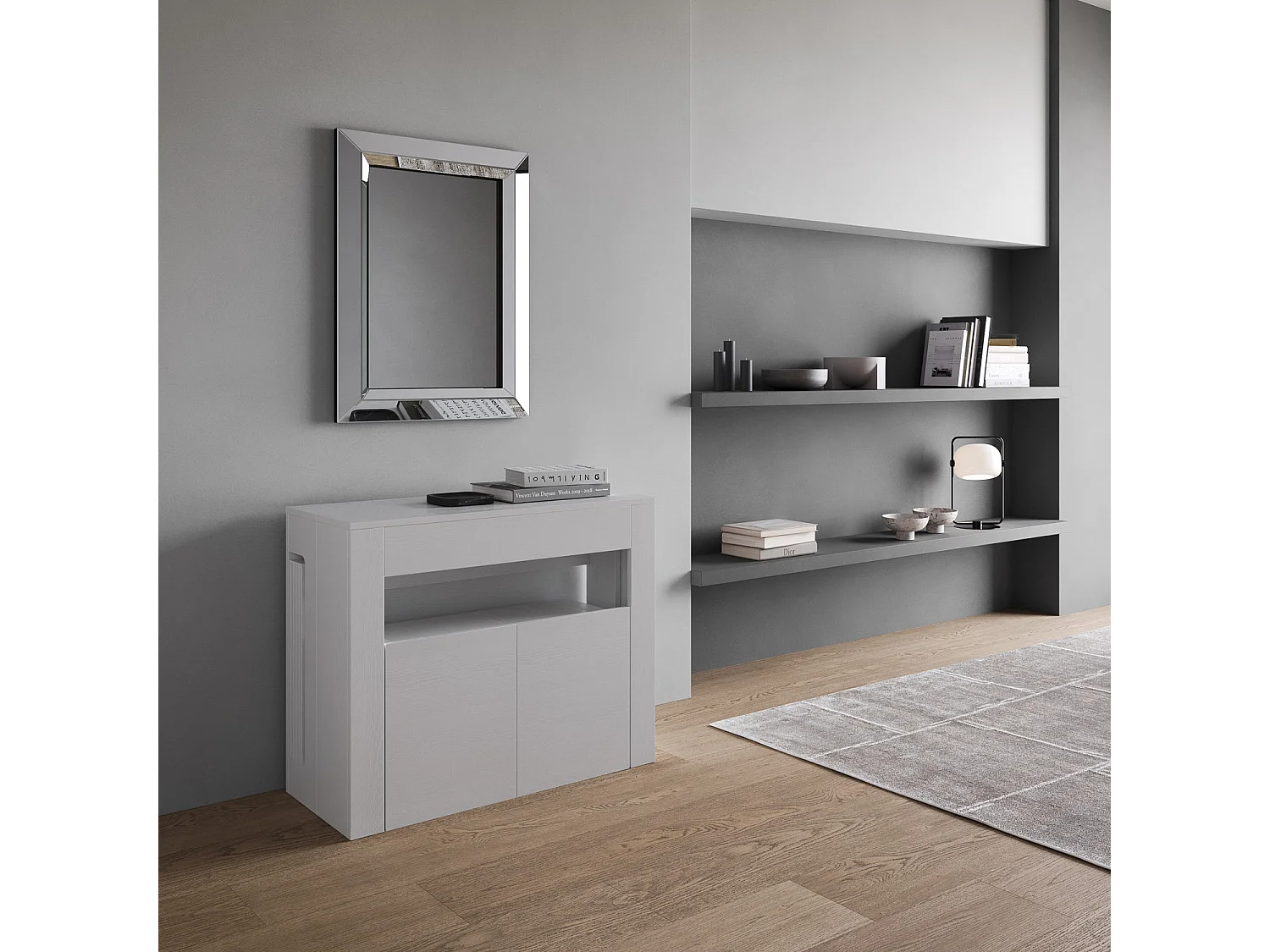 Consola extensible 90x42/302 cm Evolve Blanco Fresno con banco inferior