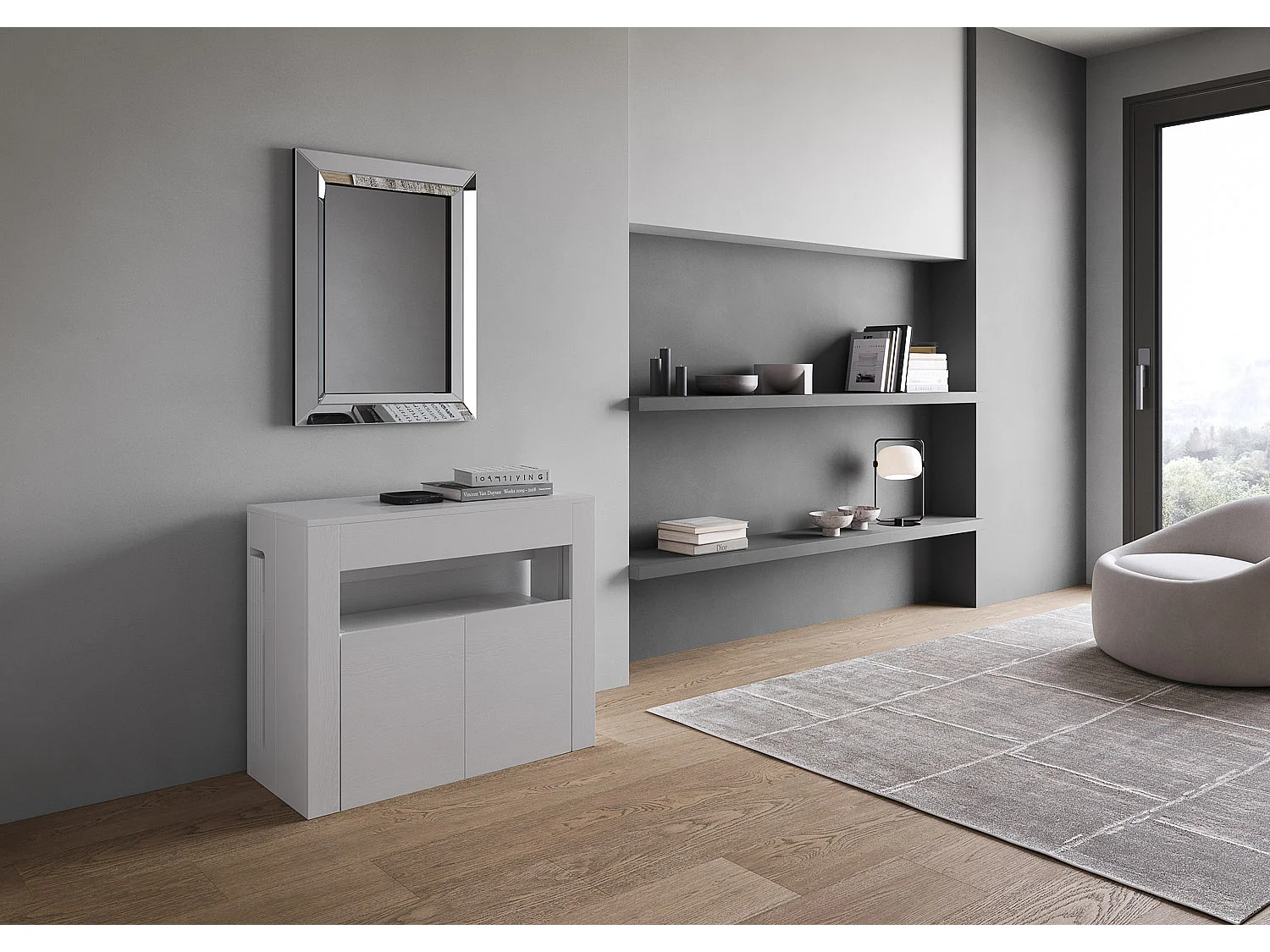 Consola extensible 90x42/302 cm Evolve Blanco Fresno con banco inferior