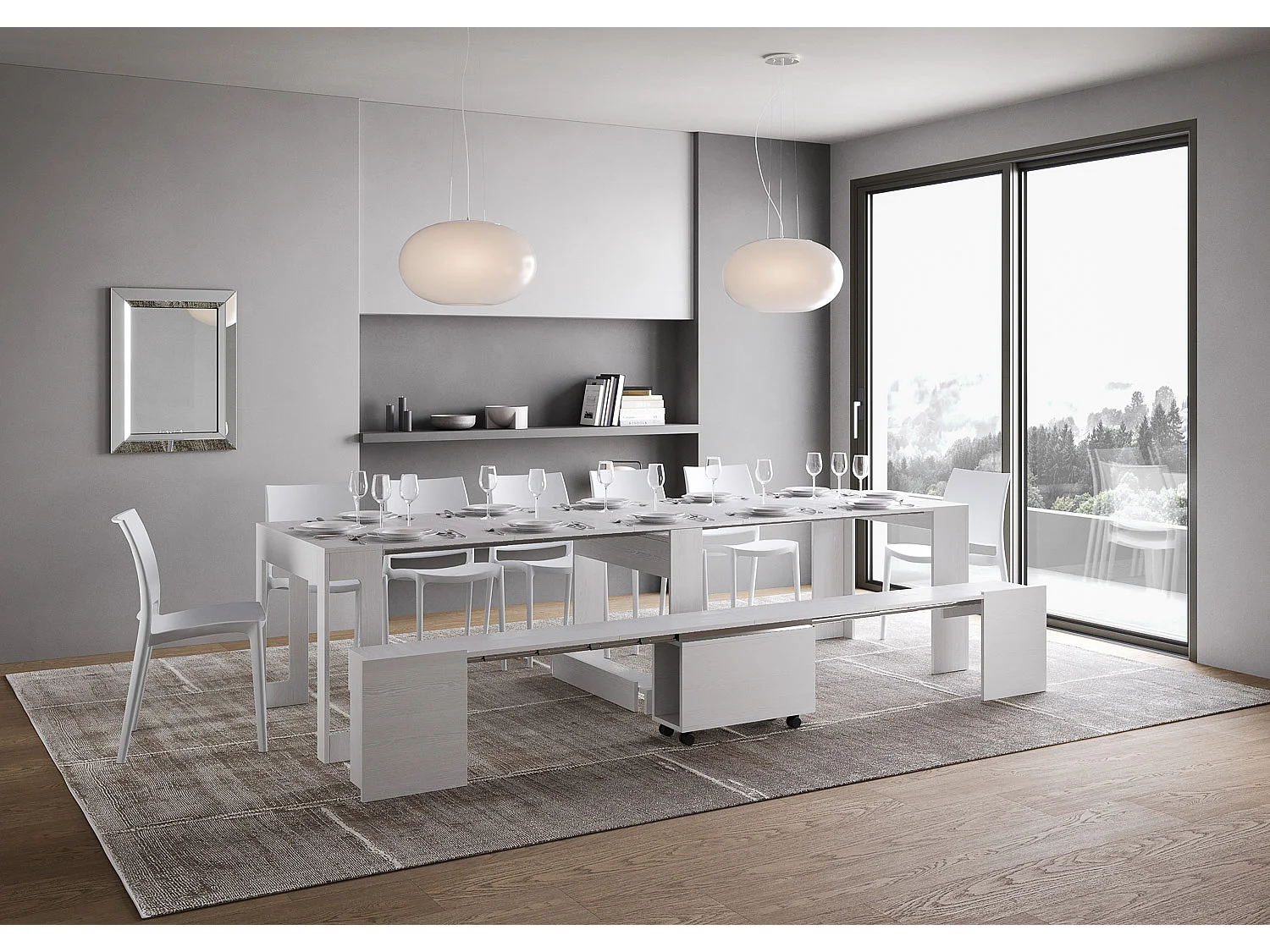 Console extensible 90x42/302 cm Evolve frêne blanc rallonges internes avec banc inférieur