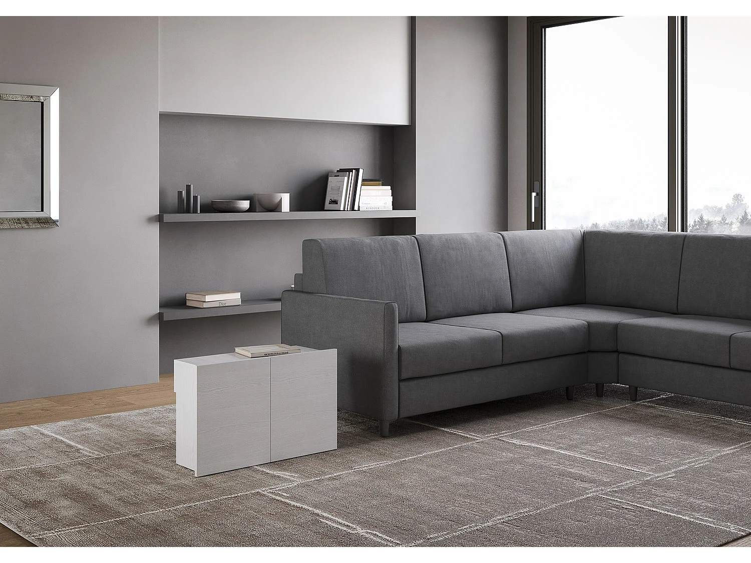 Console extensible 90x42/302 cm Evolve frêne blanc rallonges internes avec banc inférieur