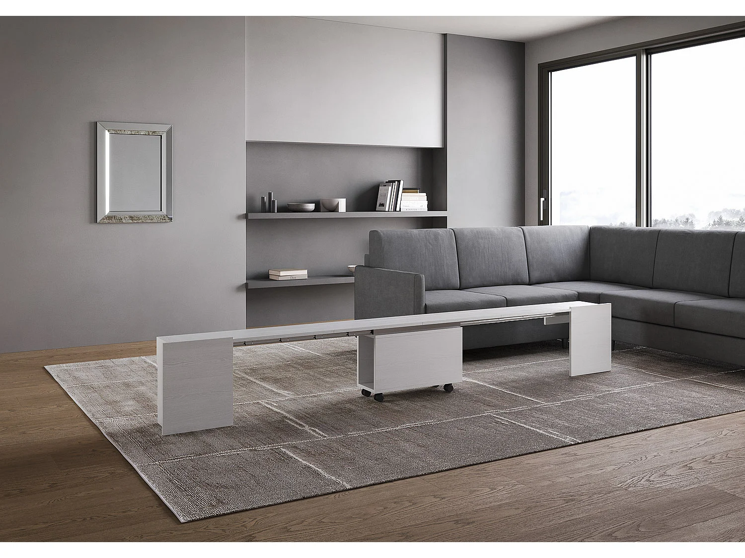 Console extensible 90x42/302 cm Evolve frêne blanc rallonges internes avec banc inférieur