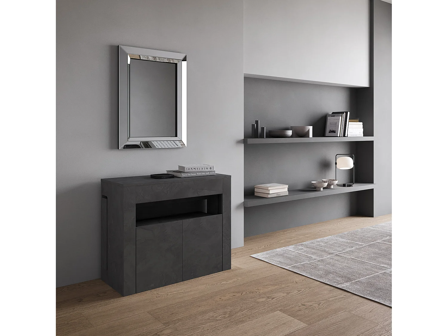 Uitschuifbare console 90x42/302 cm Evolve Antraciet Spatolato met lagere bank