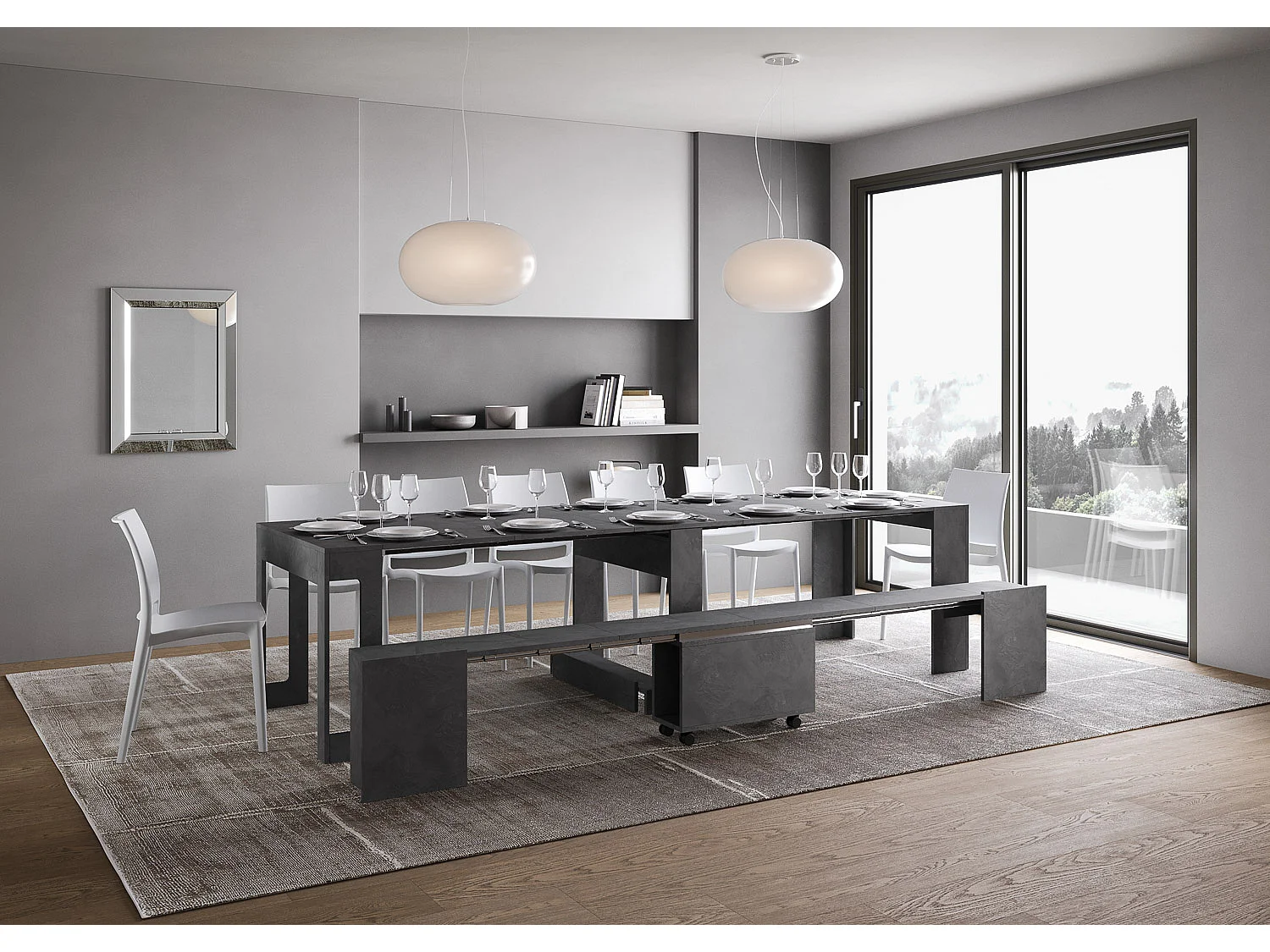 Uitschuifbare console 90x42/302 cm Evolve Antraciet Spatolato met lagere bank