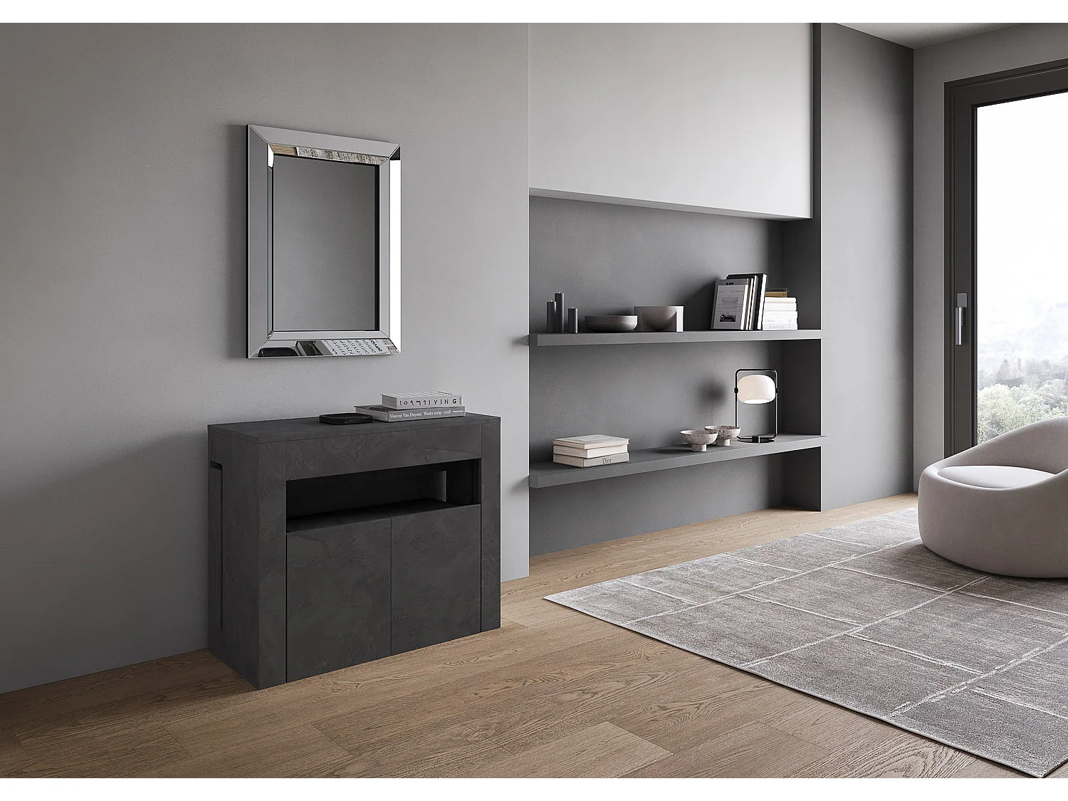 Consola extensible 90x42/302 cm Evolve Antracita Spatolato con banco inferior