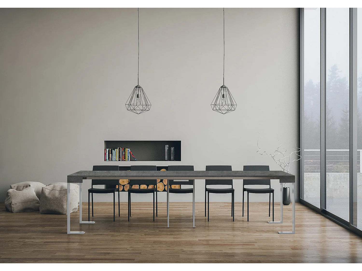 Ausziehbarer Konsolentisch 90x40/300 cm Tecno Nussbaum mit weißem Eisenrahmen