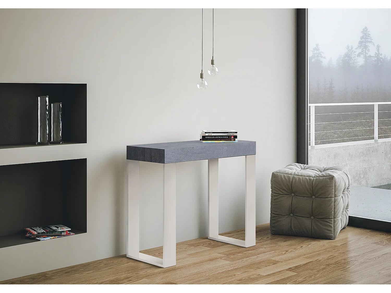 Udtrækkeligt konsolbord 90x40/300 cm Tecno Cemento hvidt stel