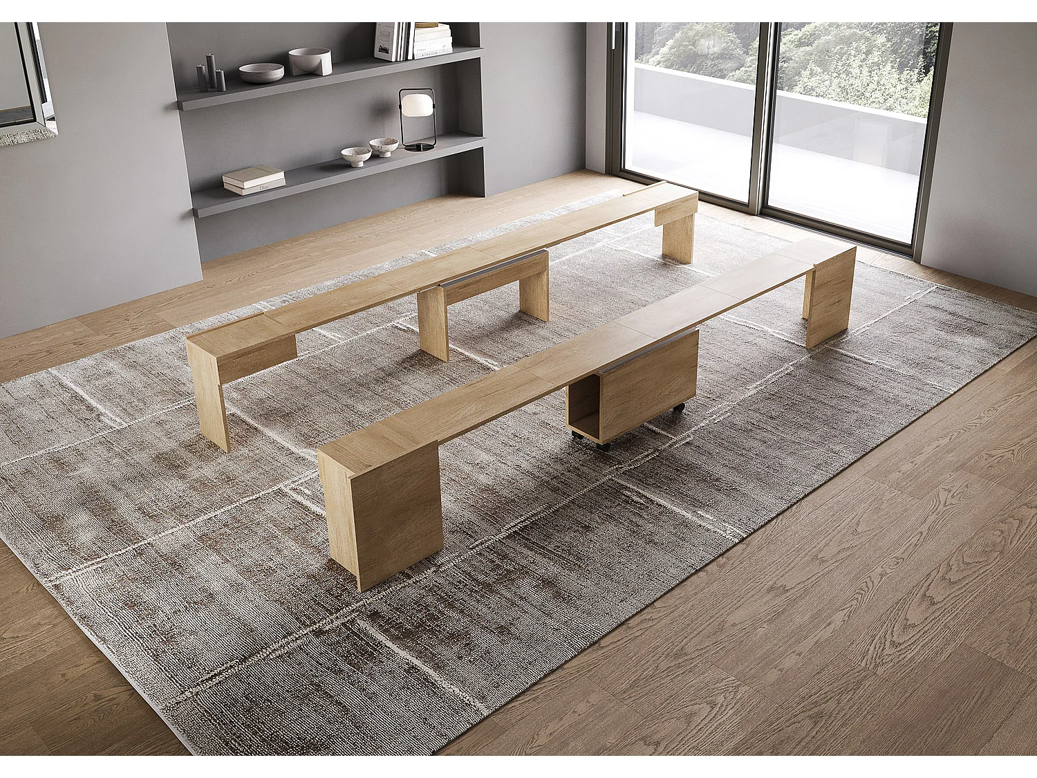 Pack uitschuifbare console en 2 uitschuifbare banken tot 300 cm Kalius-Kleur Natuurlijk